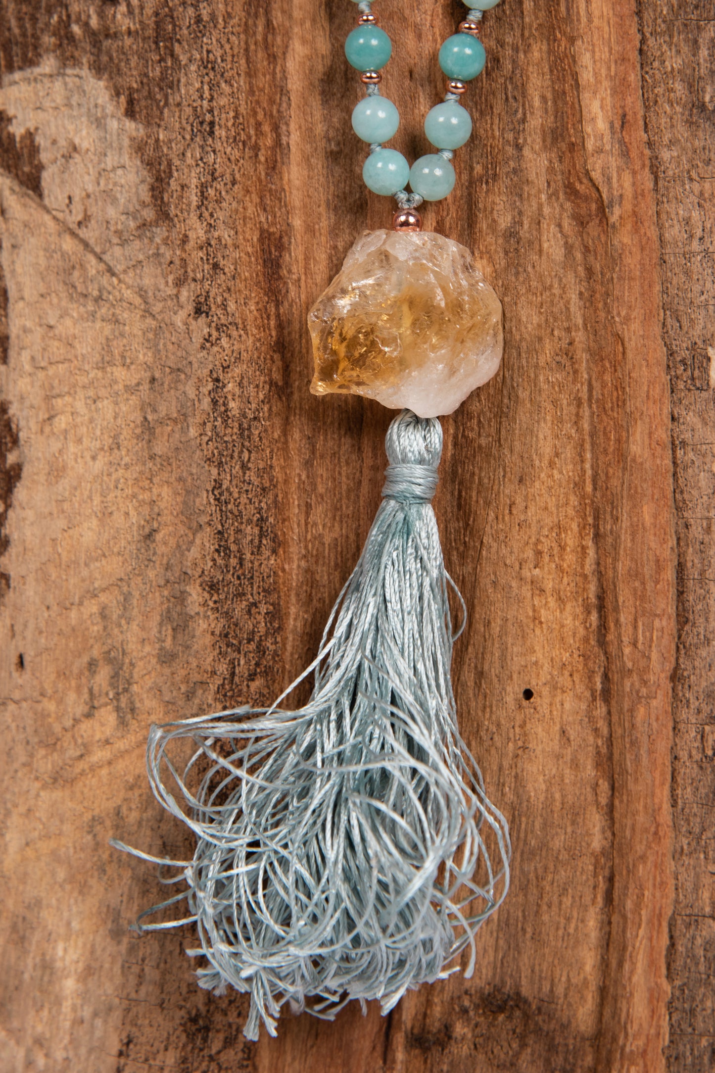 Mala collana 108 perle Amazzonite, Pietra Guru Quarzo citrino, Rame