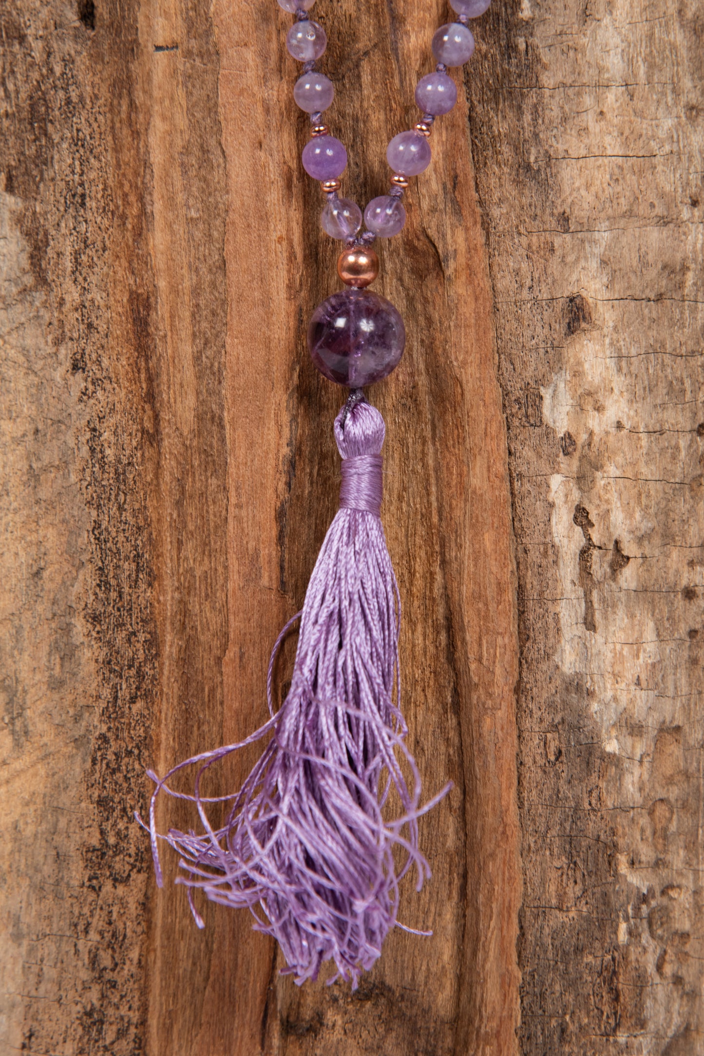 Mala in Ametista lavanda 108 perle, Pietra Guru Ametista lavanda, Rame