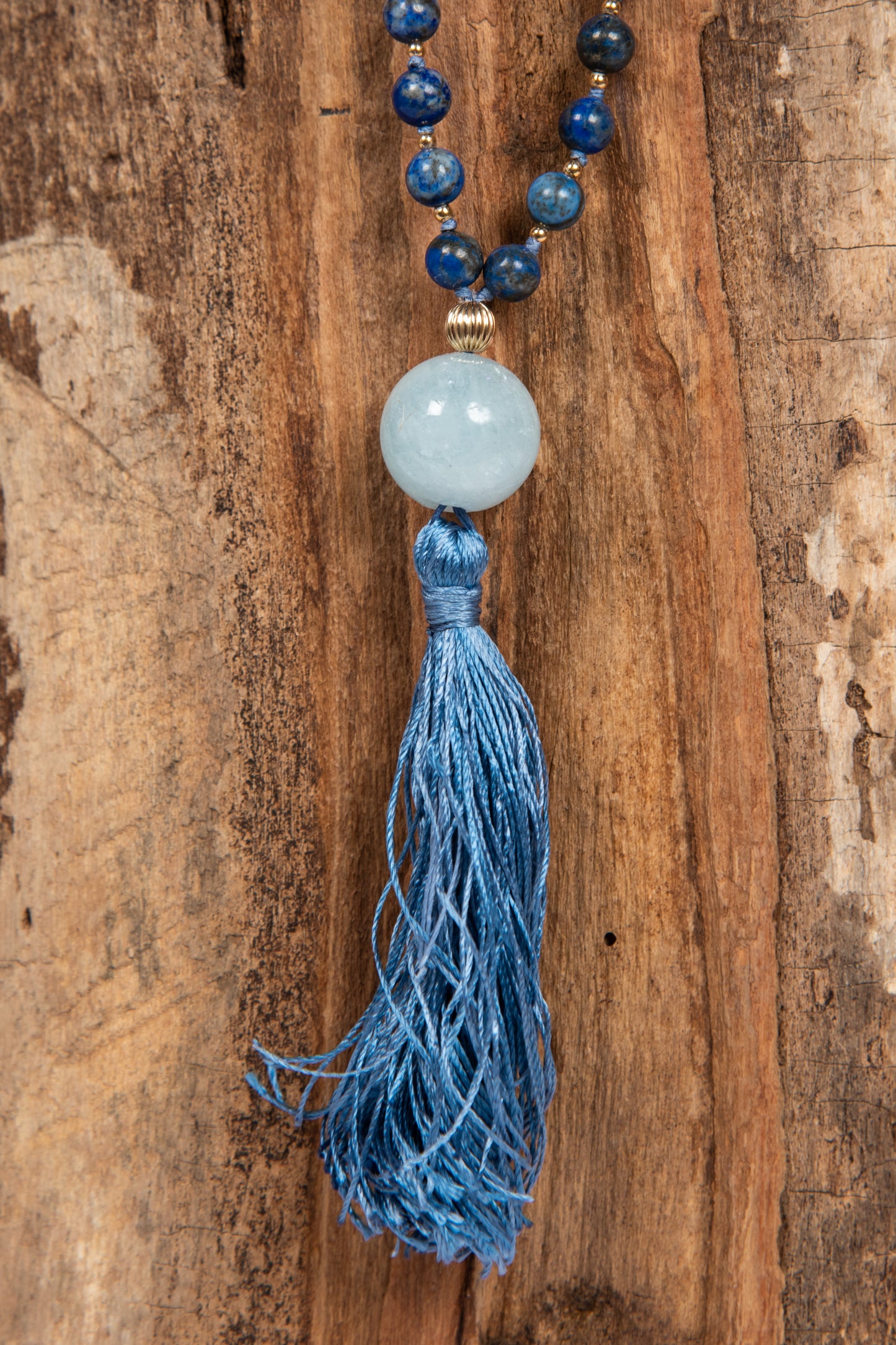 Mala da meditazione in Lapislazzuli, Pietra Guru Acquamarina, Argento dorato 925, Placcato Oro 14kt