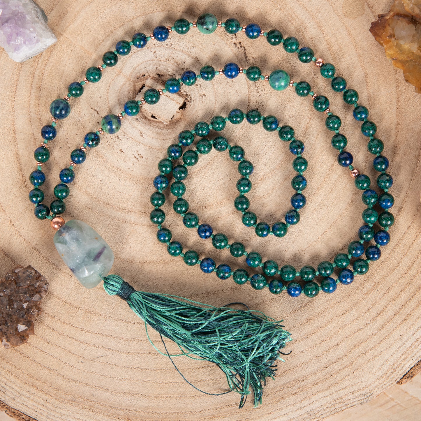 Mala collana da meditazione in Azzurrite, Pietra Guru Fluorite, Rame