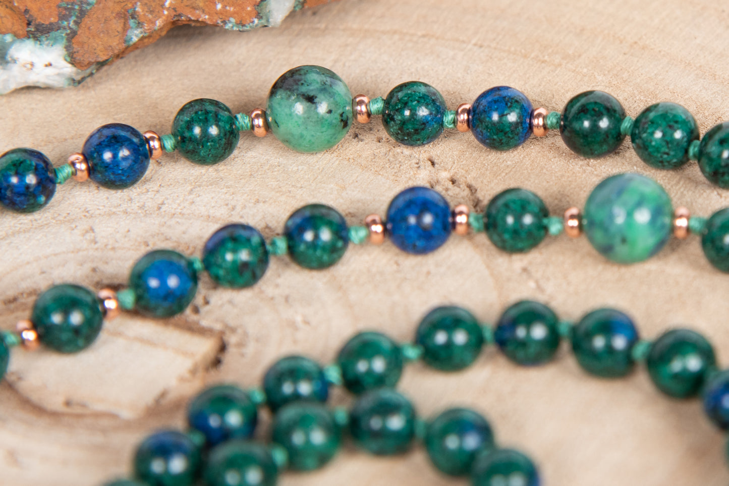 Mala collana da meditazione in Azzurrite, Pietra Guru Fluorite, Rame