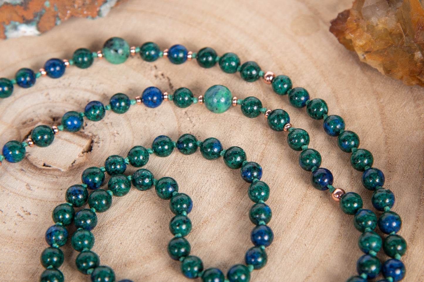 Mala collana da meditazione in Azzurrite, Pietra Guru Fluorite, Rame