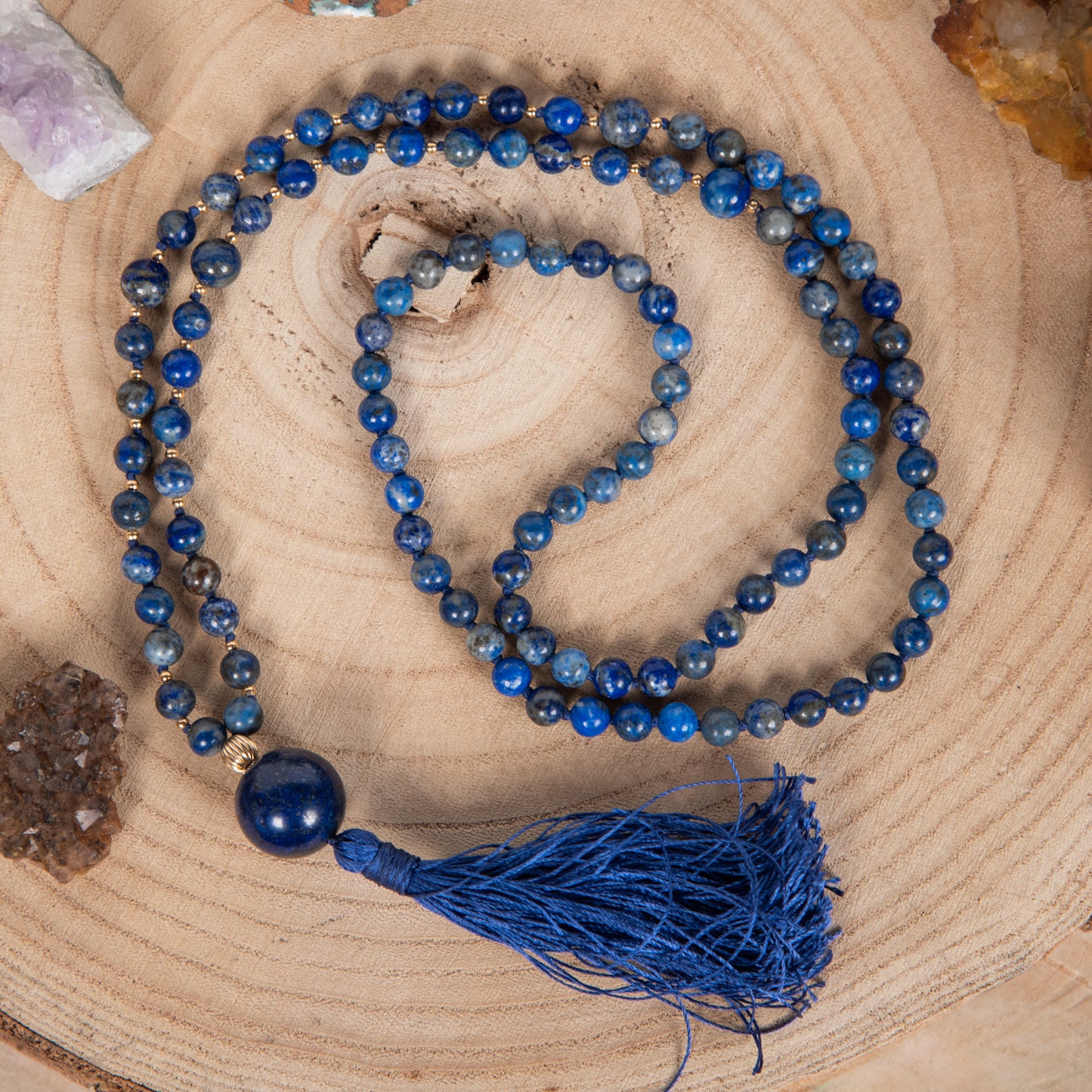 Mala da meditazione in Lapislazzuli, Pietra Guru Lapislazzuli, Argento dorato 925, Placcato Oro 14kt