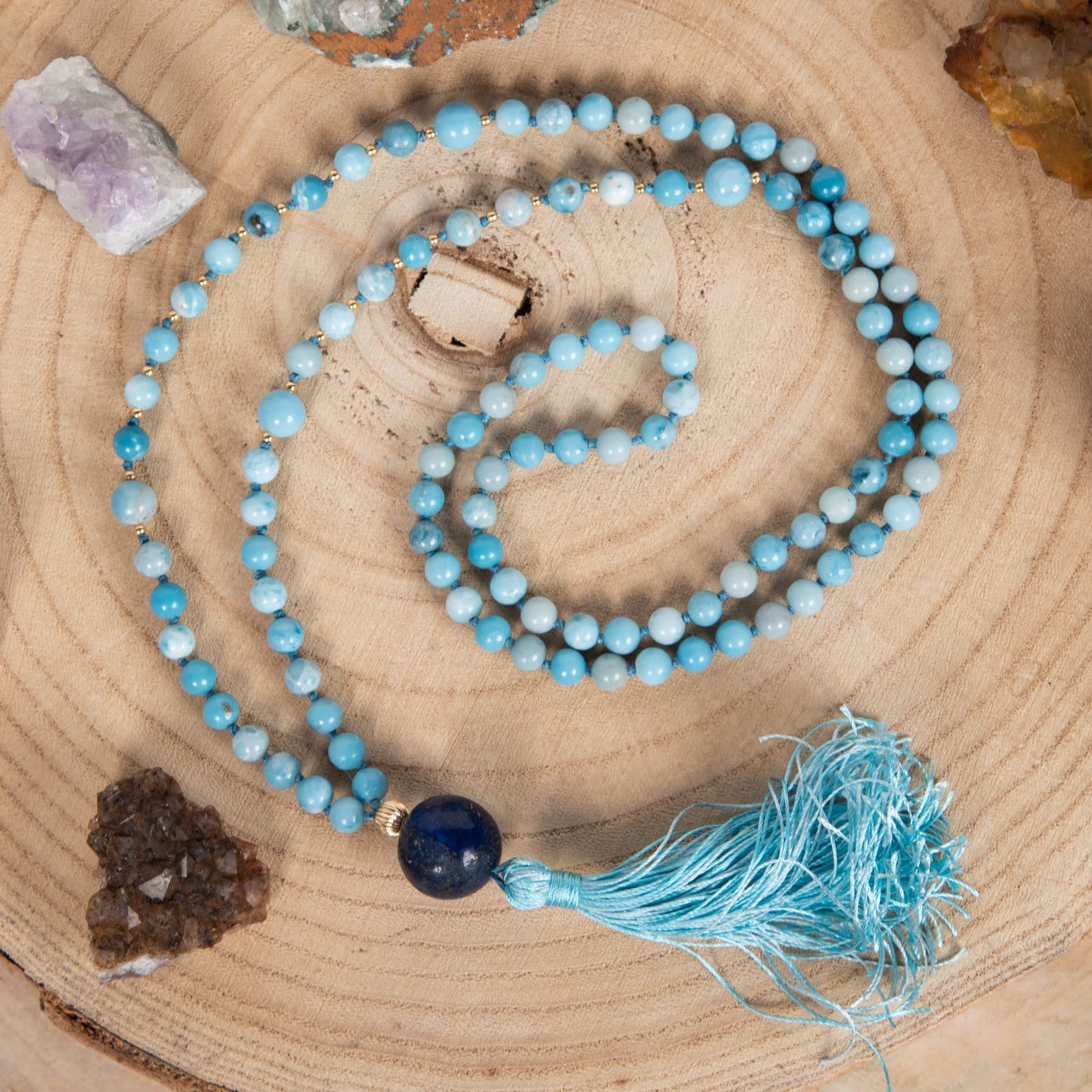 Mala da meditazione in Larimar, Pietra Guru Lapislazzuli, Argento dorato 925, Placcato Oro 14kt