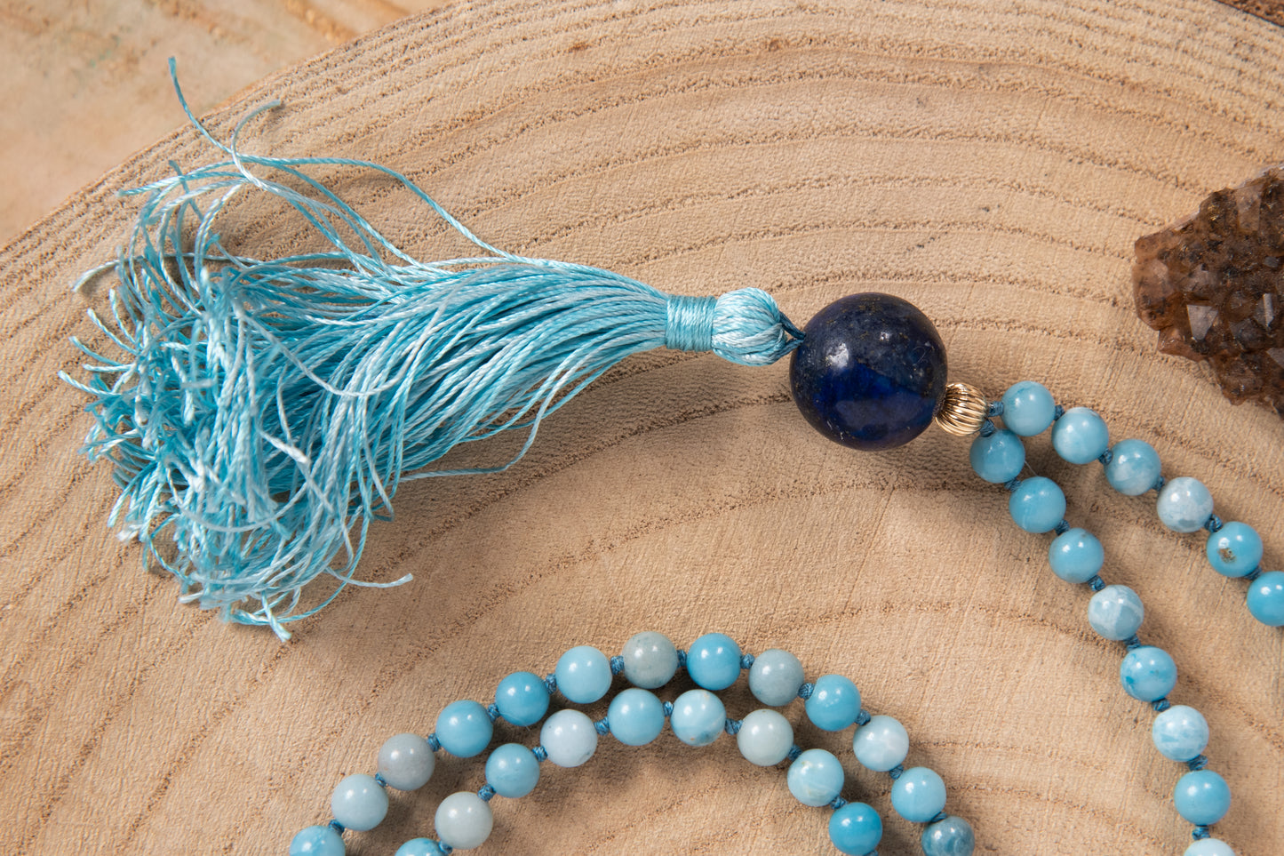 Mala da meditazione in Larimar, Pietra Guru Lapislazzuli, Argento dorato 925, Placcato Oro 14kt