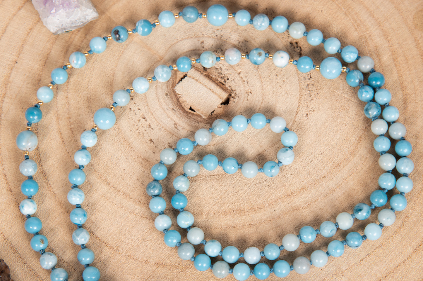 Mala da meditazione in Larimar, Pietra Guru Lapislazzuli, Argento dorato 925, Placcato Oro 14kt