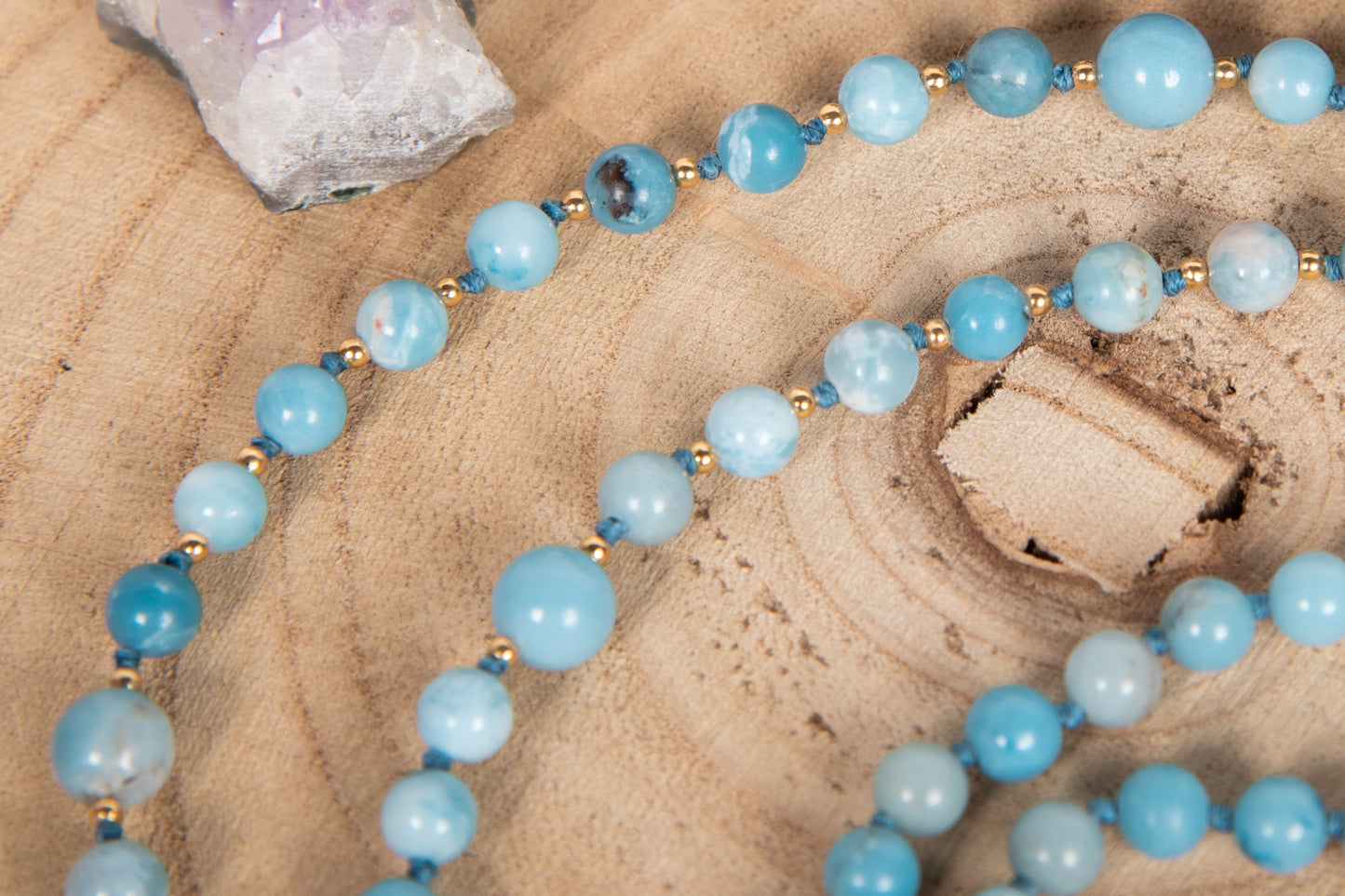 Mala da meditazione in Larimar, Pietra Guru Lapislazzuli, Argento dorato 925, Placcato Oro 14kt