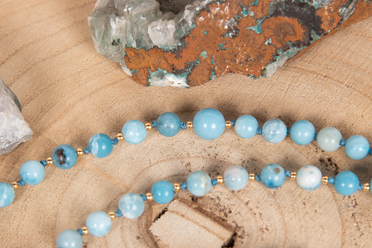 Mala da meditazione in Larimar, Pietra Guru Lapislazzuli, Argento dorato 925, Placcato Oro 14kt