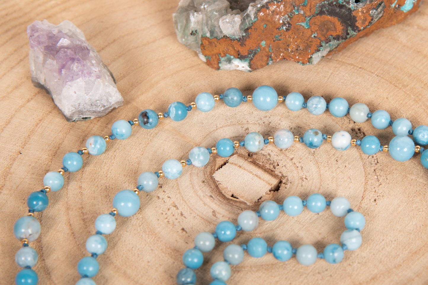Mala da meditazione di Larimar, Pietra Guru Lapislazzuli, Argento dorato 925, Placcato Oro 14kt