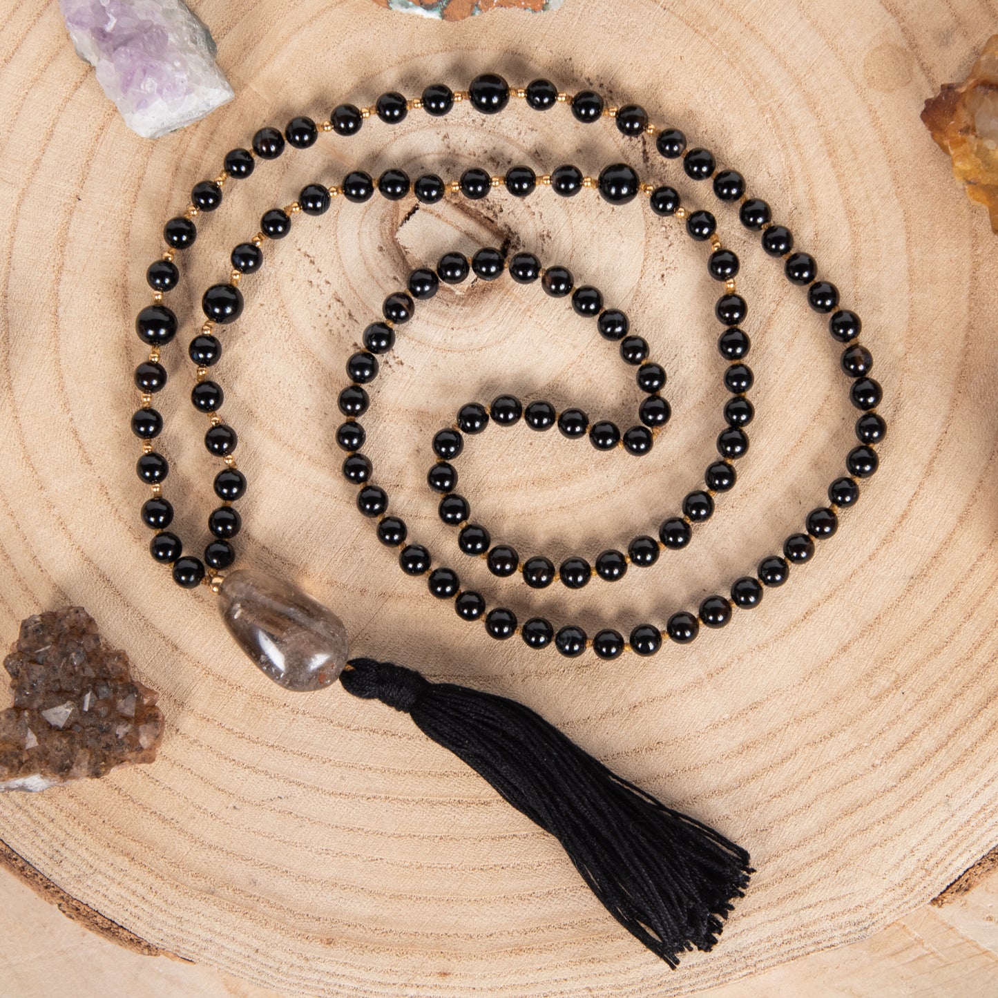 Mala per meditare in Onice, Pietra Guru Quarzo fumè, Rame