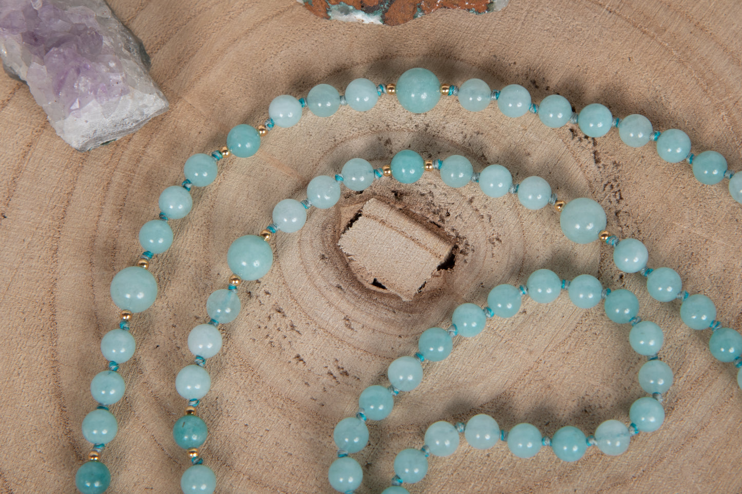Mala da meditazione in Amazzonite, Perla Guru tibetana, Argento dorato 925, Placcato Oro 14kt