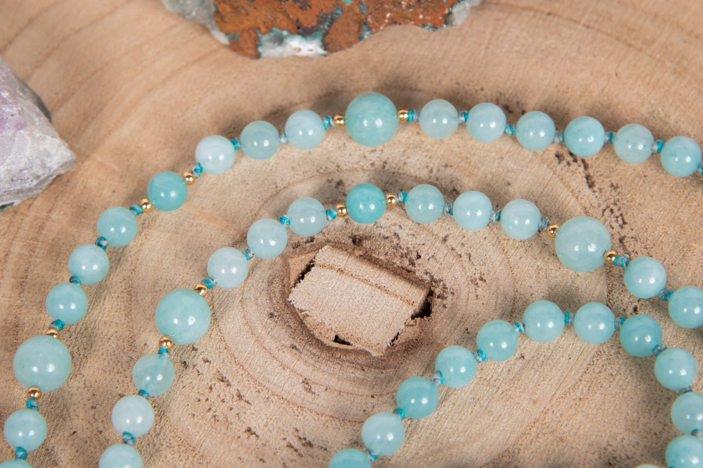 Mala da meditazione in Amazzonite, Perla Guru tibetana, Argento dorato 925, Placcato Oro 14kt