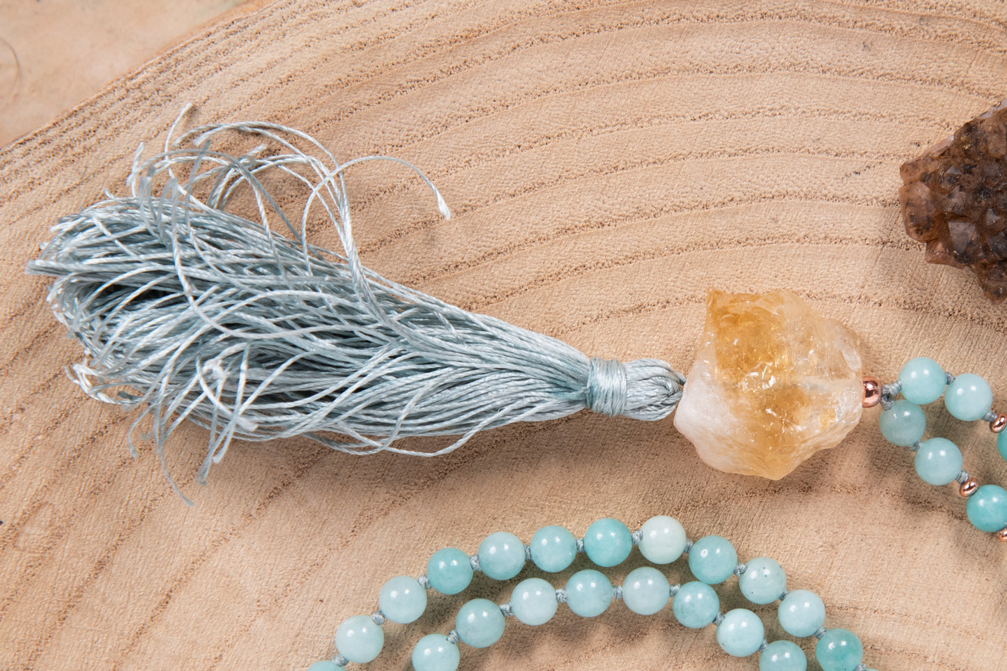 Mala collana 108 perle Amazzonite, Pietra Guru Quarzo citrino, Rame