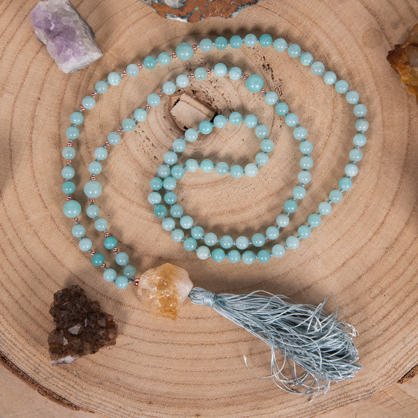Mala collana 108 perle Amazzonite, Pietra Guru Quarzo citrino, Rame