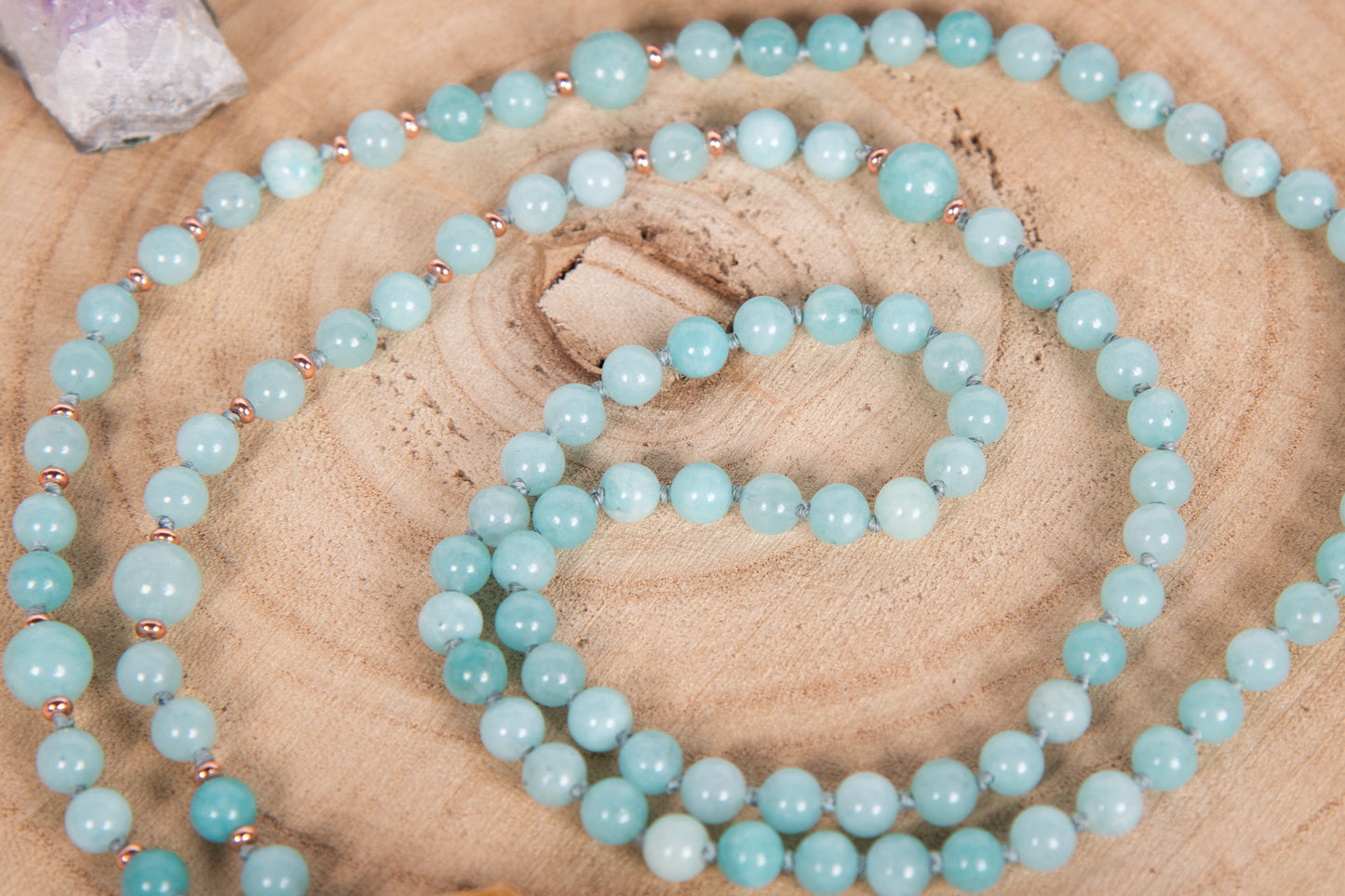 Mala collana 108 perle Amazzonite, Pietra Guru Quarzo citrino, Rame