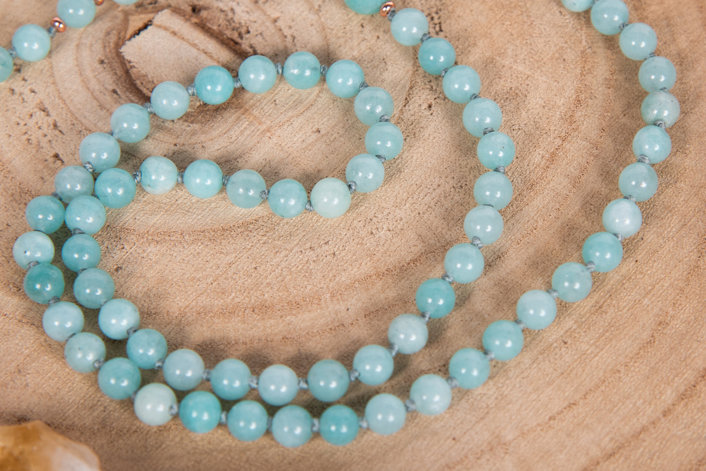 Mala collana 108 perle Amazzonite, Pietra Guru Quarzo citrino, Rame