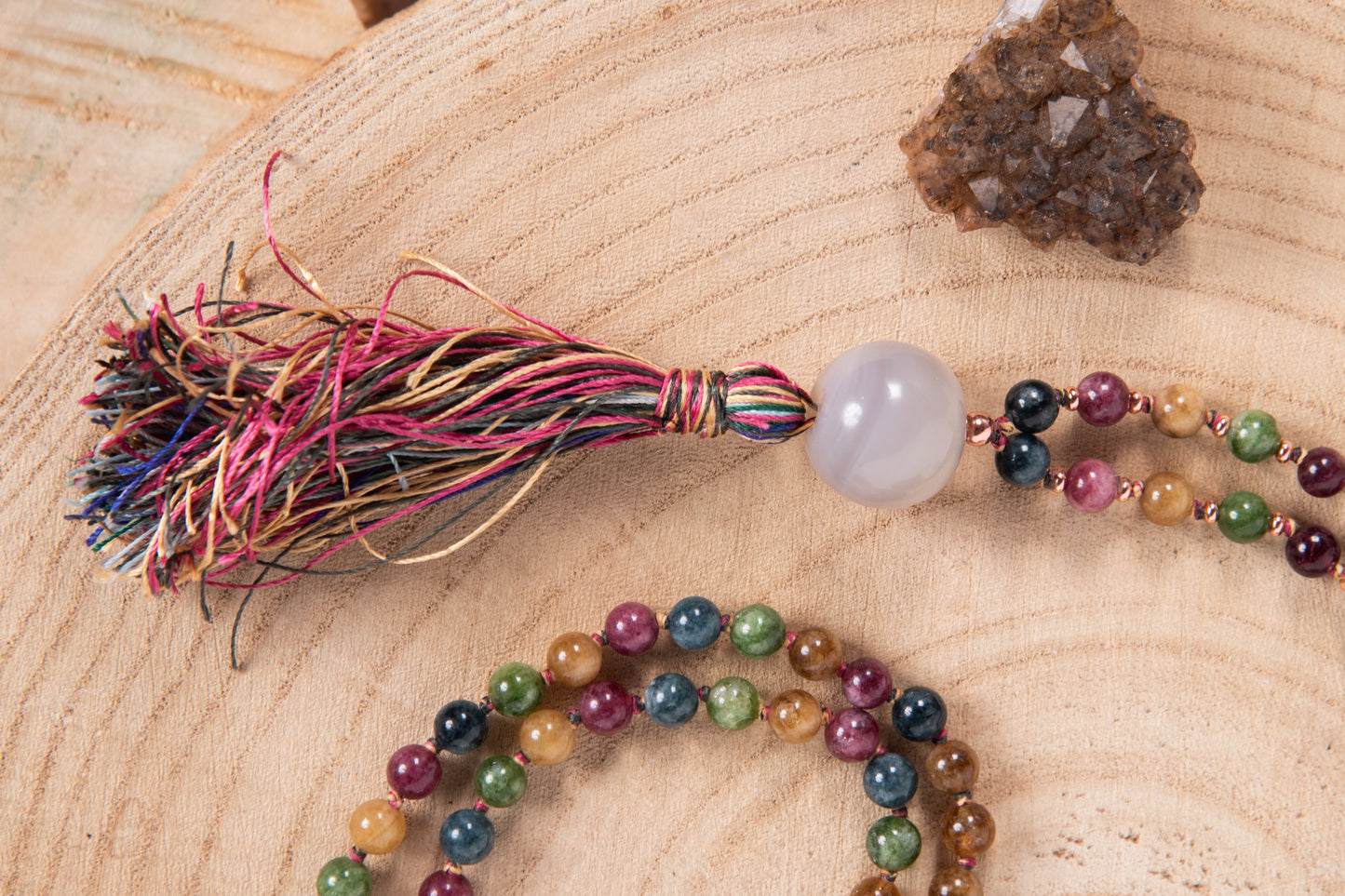 Mala collana 108 perle di Tormalina vari colori, Pietra Guru Agata, Rame
