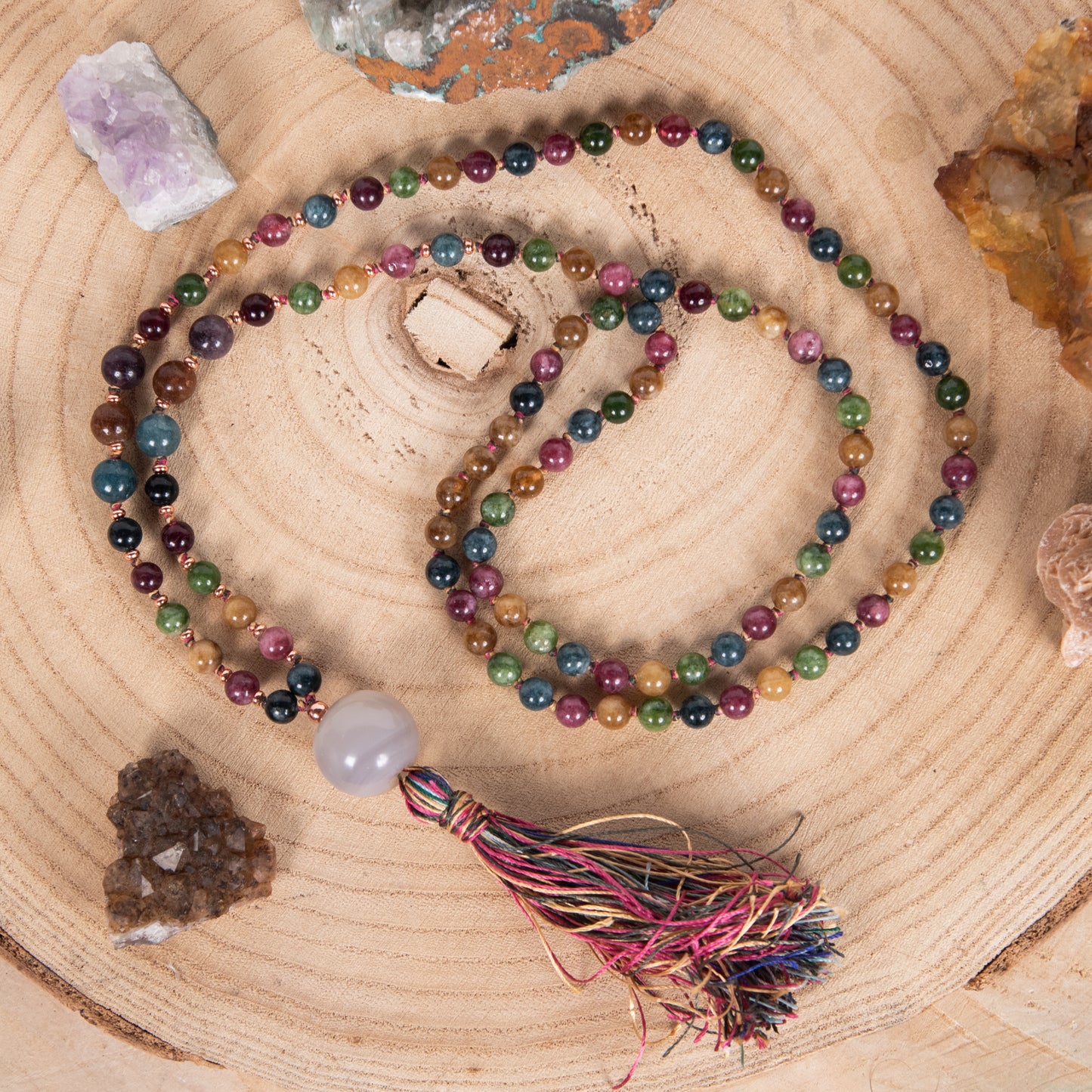 Mala collana 108 perle di Tormalina vari colori, Pietra Guru Agata, Rame