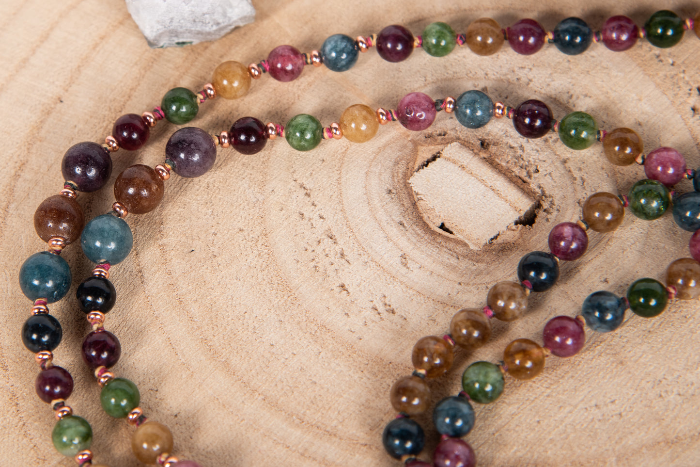 Mala collana 108 perle di Tormalina vari colori, Pietra Guru Agata, Rame