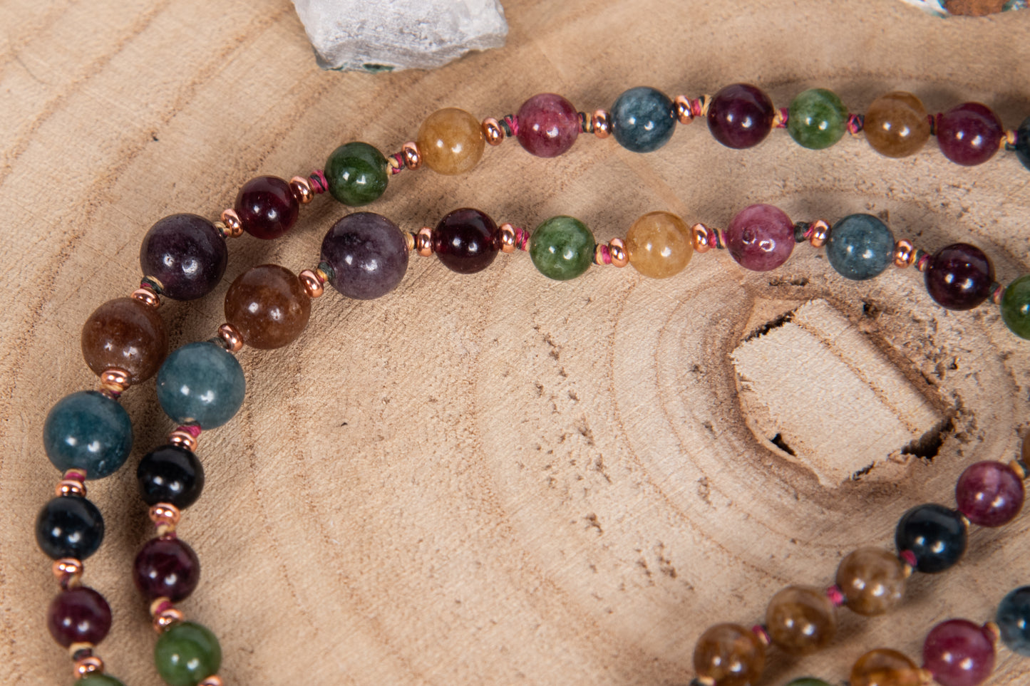 Mala collana 108 perle di Tormalina vari colori, Pietra Guru Agata, Rame