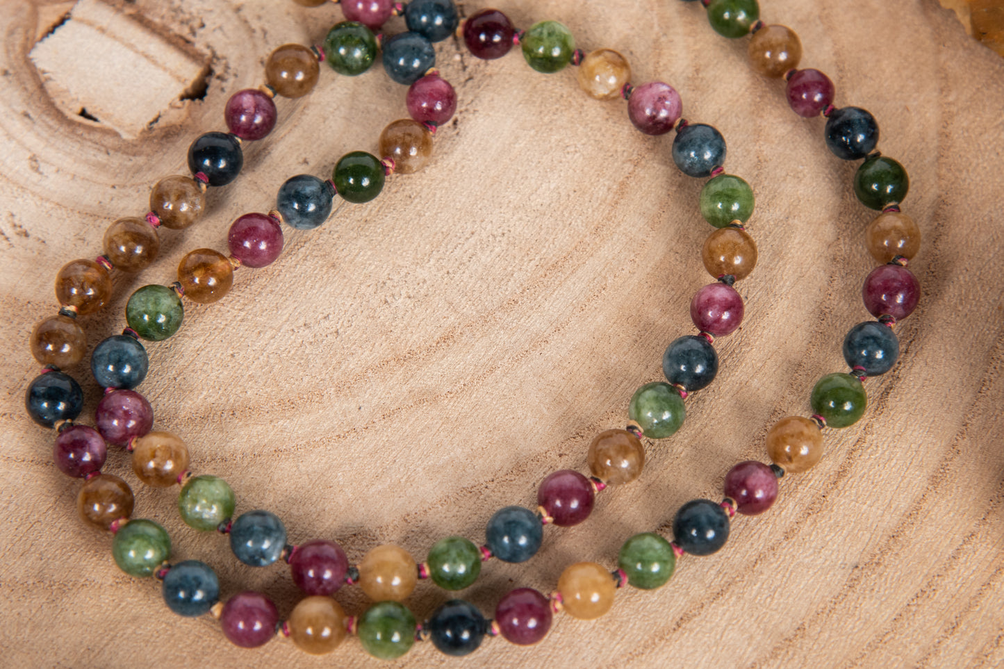 Mala collana 108 perle di Tormalina vari colori, Pietra Guru Agata, Rame