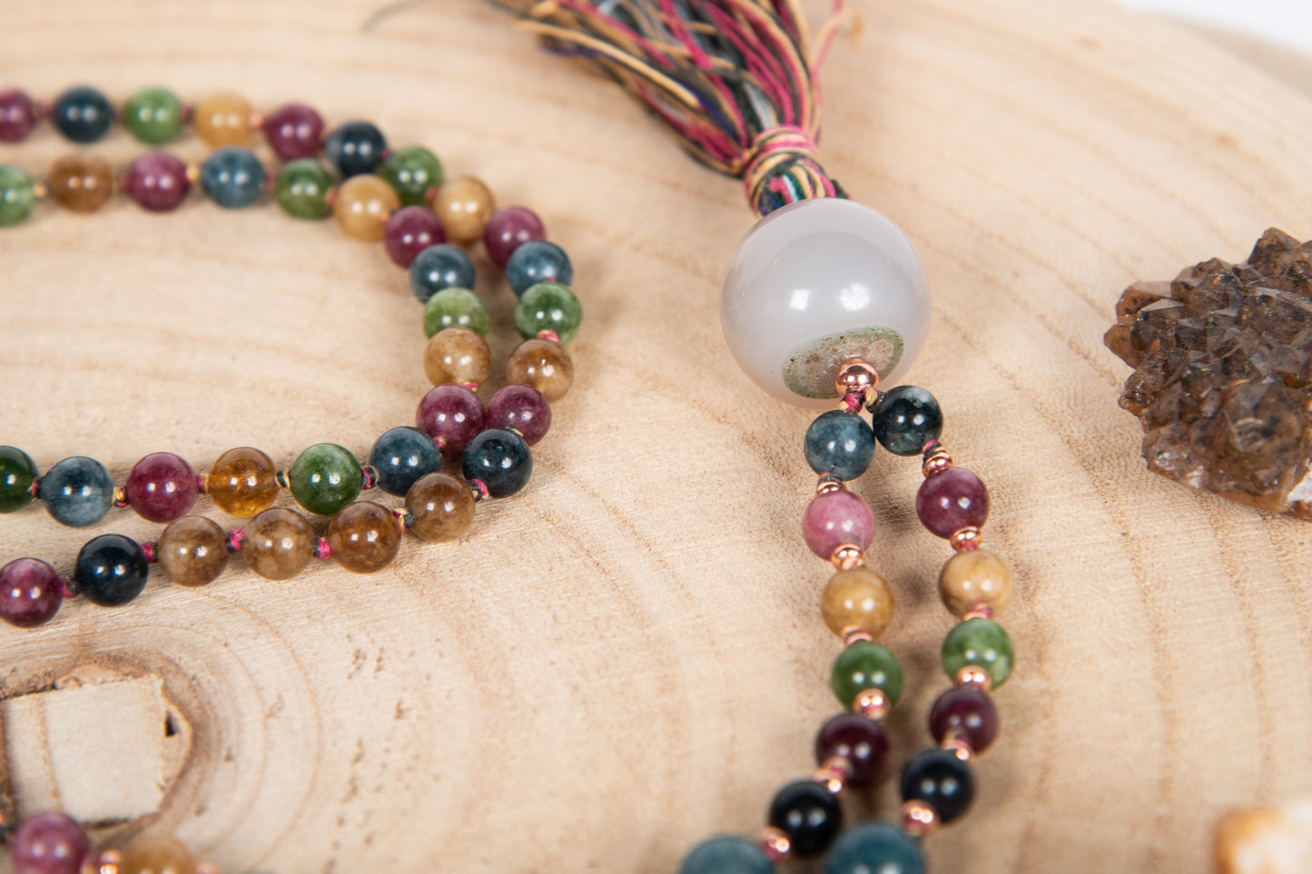 Mala collana 108 perle di Tormalina vari colori, Pietra Guru Agata, Rame