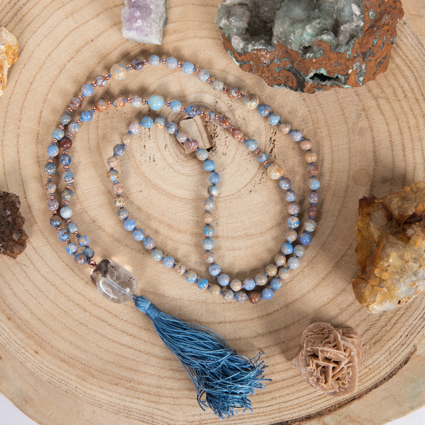 Mala collana 108 perle Diaspro imperiale naturale, Pietra Guru Quarzo Fantasma, Rame