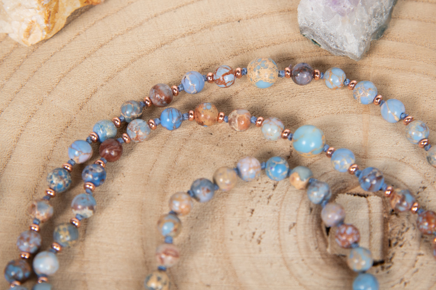 Mala collana 108 perle Diaspro imperiale naturale, Pietra Guru Quarzo Fantasma, Rame