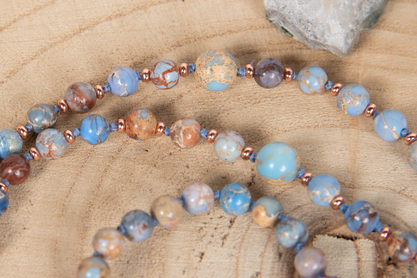 Mala collana 108 perle Diaspro imperiale naturale, Pietra Guru Quarzo Fantasma, Rame