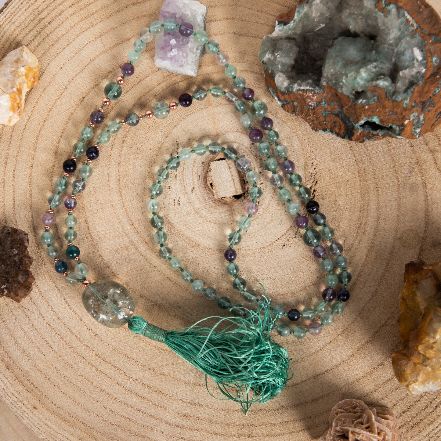Mala per meditare in Fluorite, Pietra Guru Fluorite, Rame