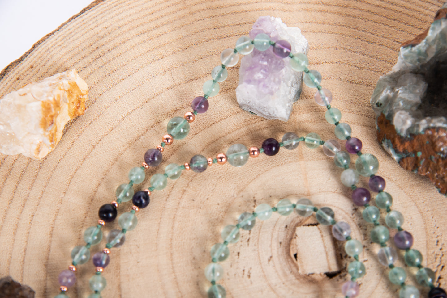 Mala per meditare in Fluorite, Pietra Guru Fluorite, Rame