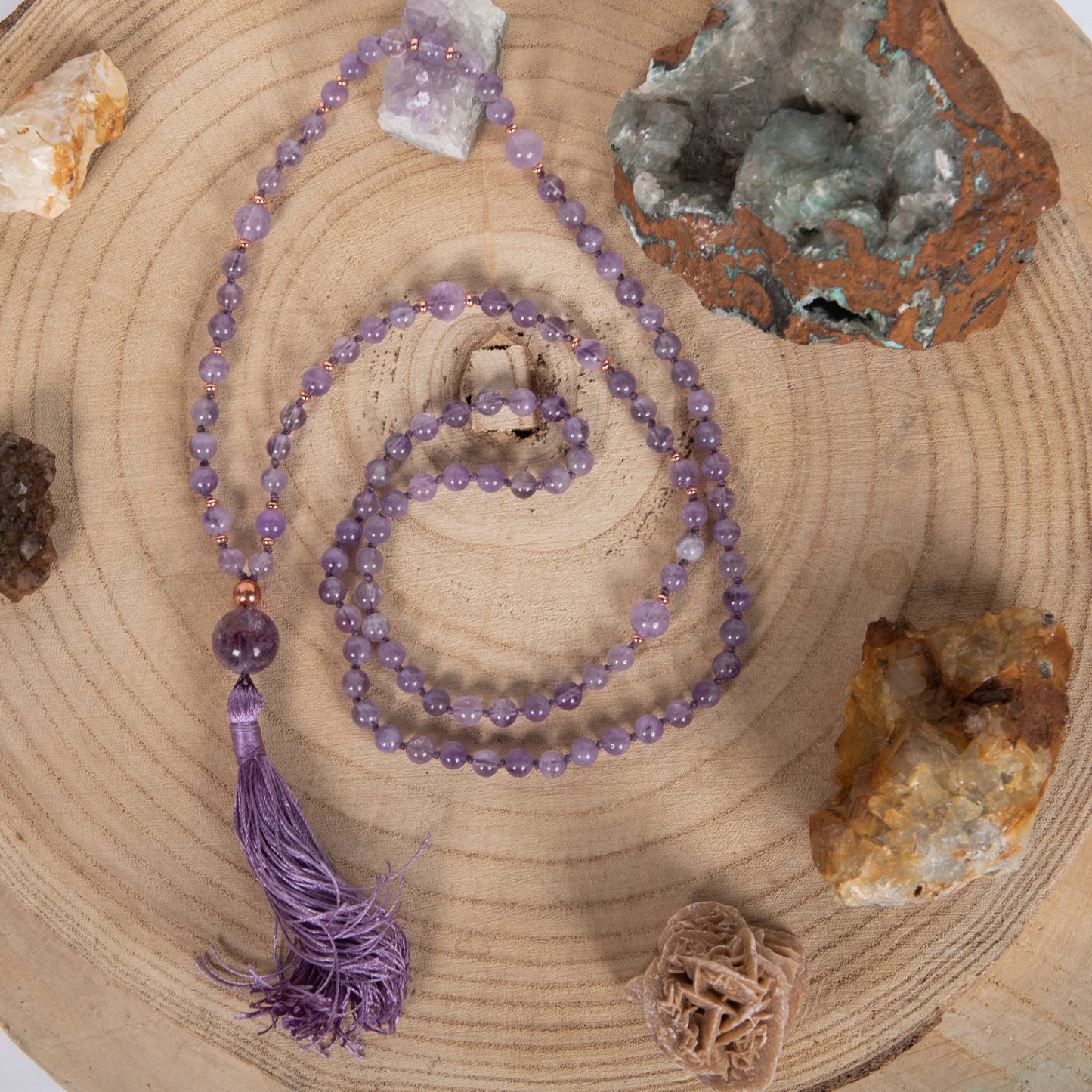 Mala in Ametista lavanda 108 perle, Pietra Guru Ametista lavanda, Rame