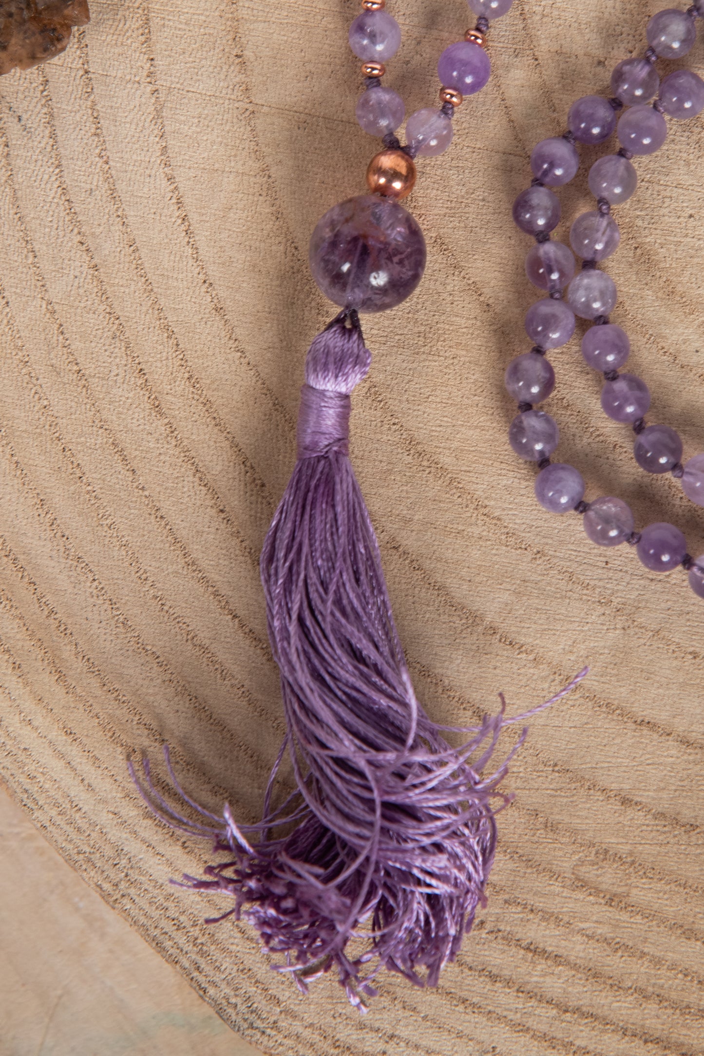 Mala in Ametista lavanda 108 perle, Pietra Guru Ametista lavanda, Rame