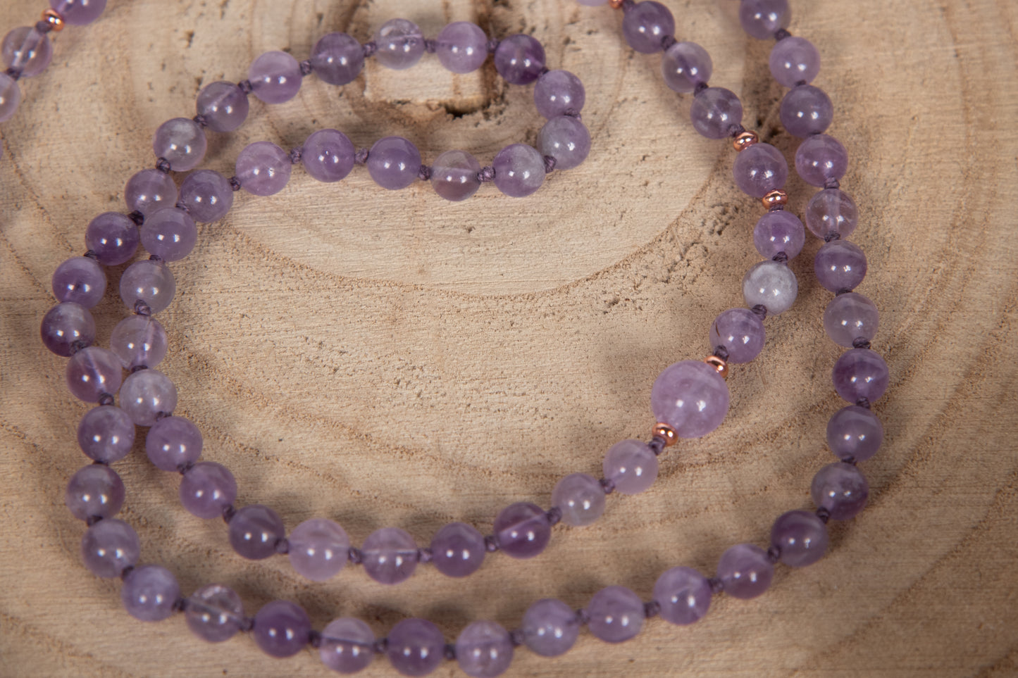 Mala in Ametista lavanda 108 perle, Pietra Guru Ametista lavanda, Rame