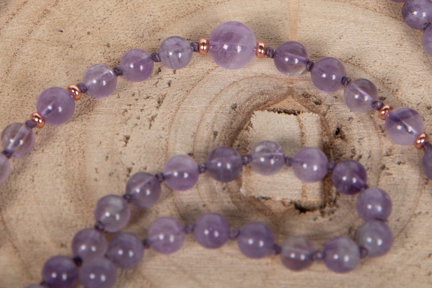 Mala in Ametista lavanda 108 perle, Pietra Guru Ametista lavanda, Rame