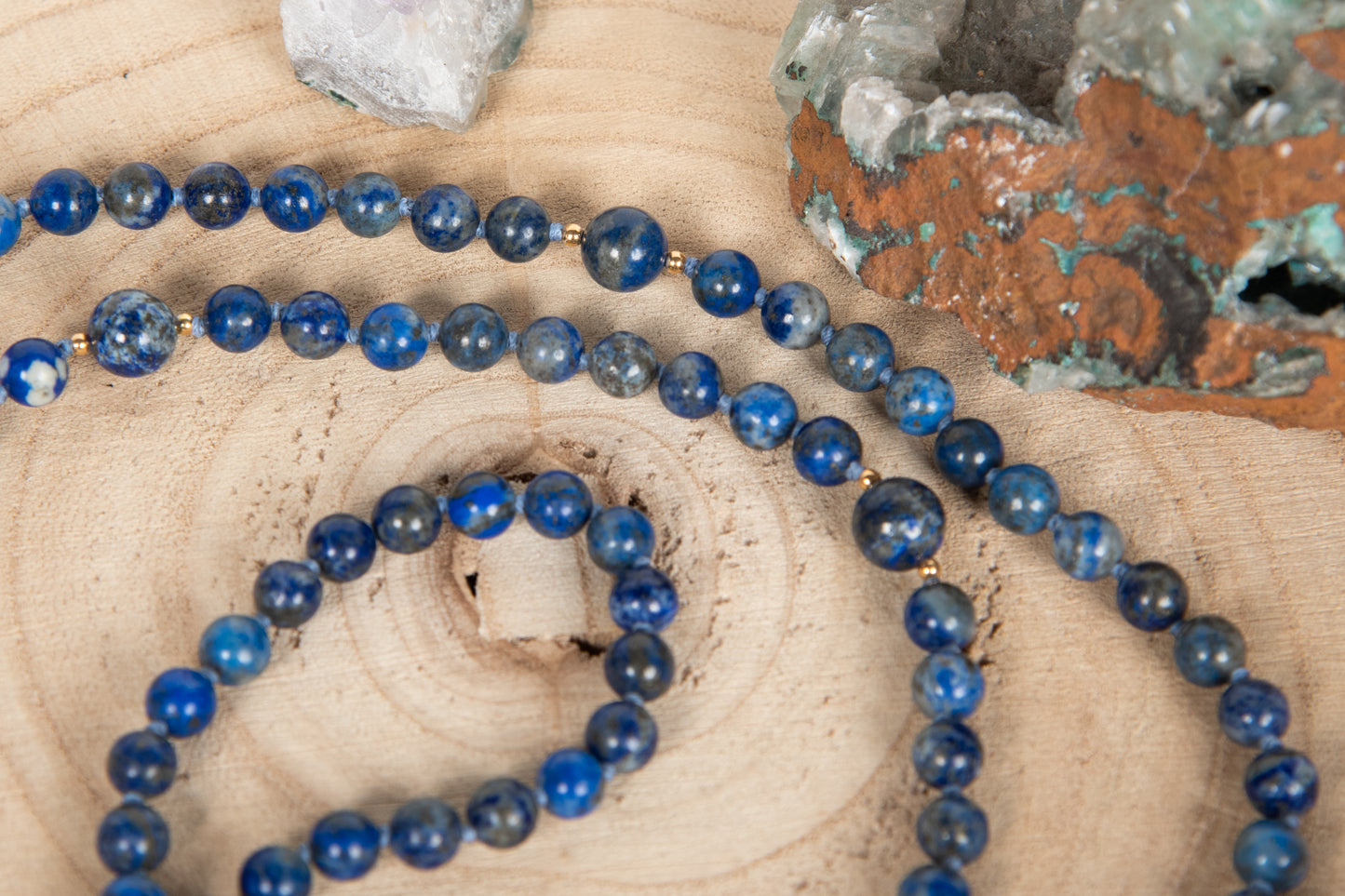 Mala da meditazione in Lapislazzuli, Pietra Guru Acquamarina, Argento dorato 925, Placcato Oro 14kt