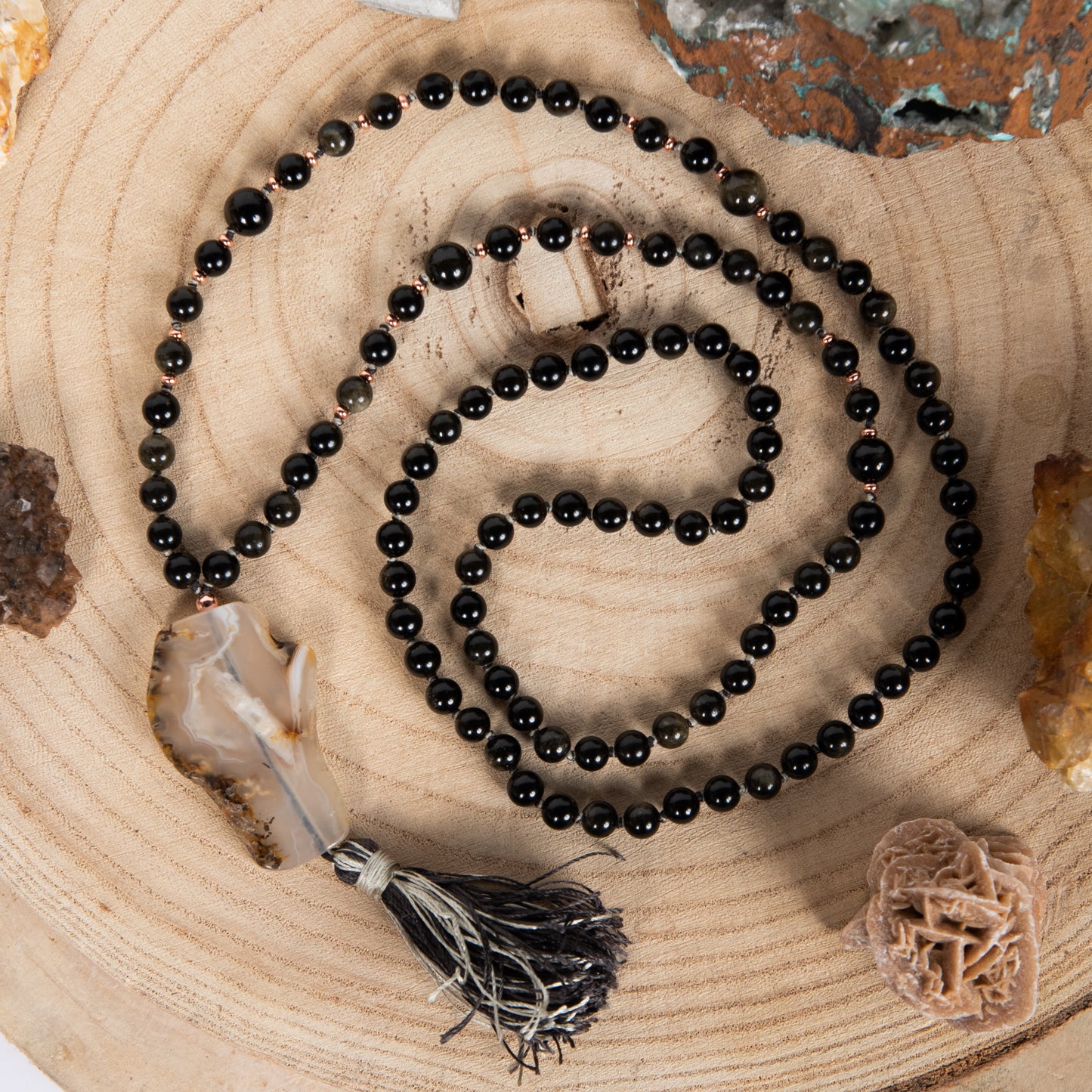 Mala da meditazione in Ossidiana dorata, Pietra Guru Agata muschiata bianca del Montana, Rame