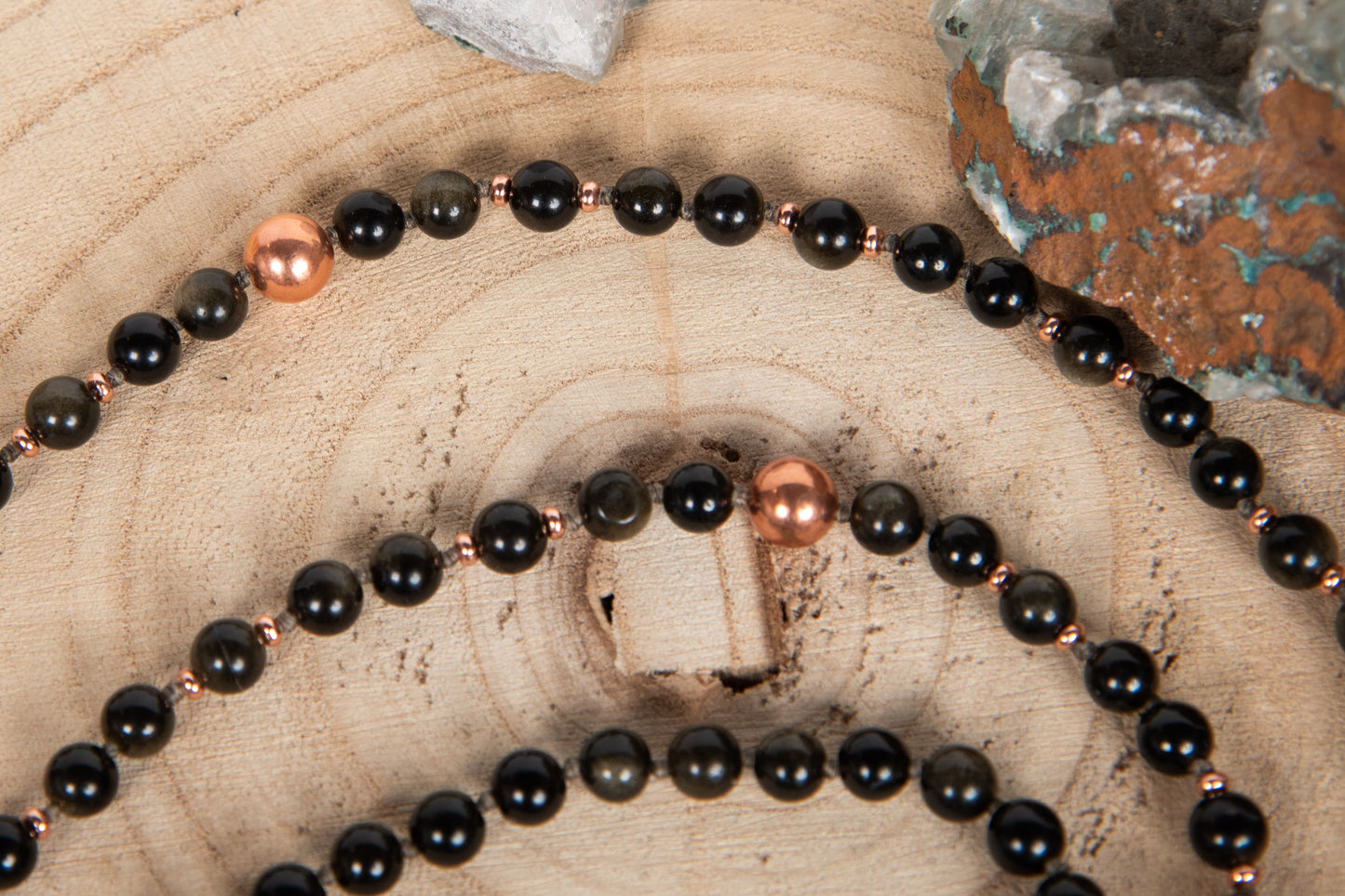 Mala da meditazione in Ossidiana dorata, Pietra Guru Agata, Rame