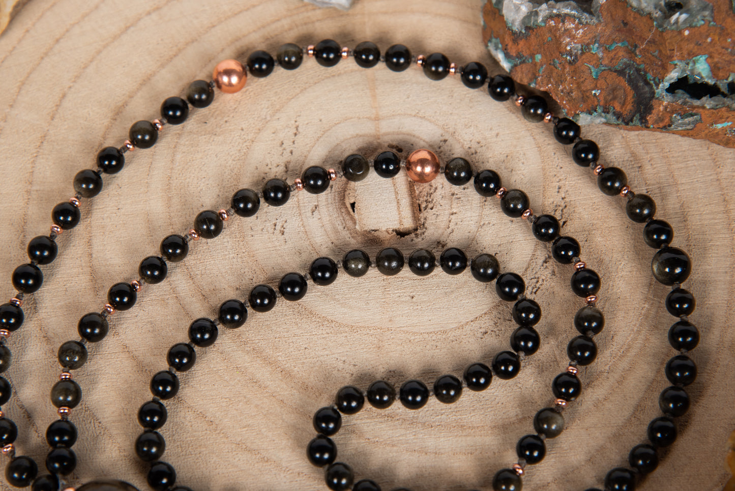 Mala da meditazione in Ossidiana dorata, Pietra Guru Agata, Rame
