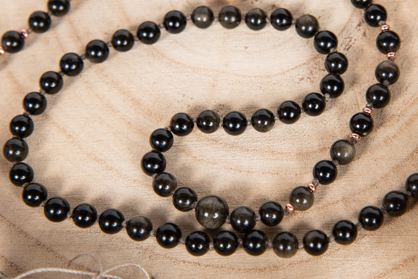 Mala da meditazione in Ossidiana dorata, Pietra Guru Agata, Rame