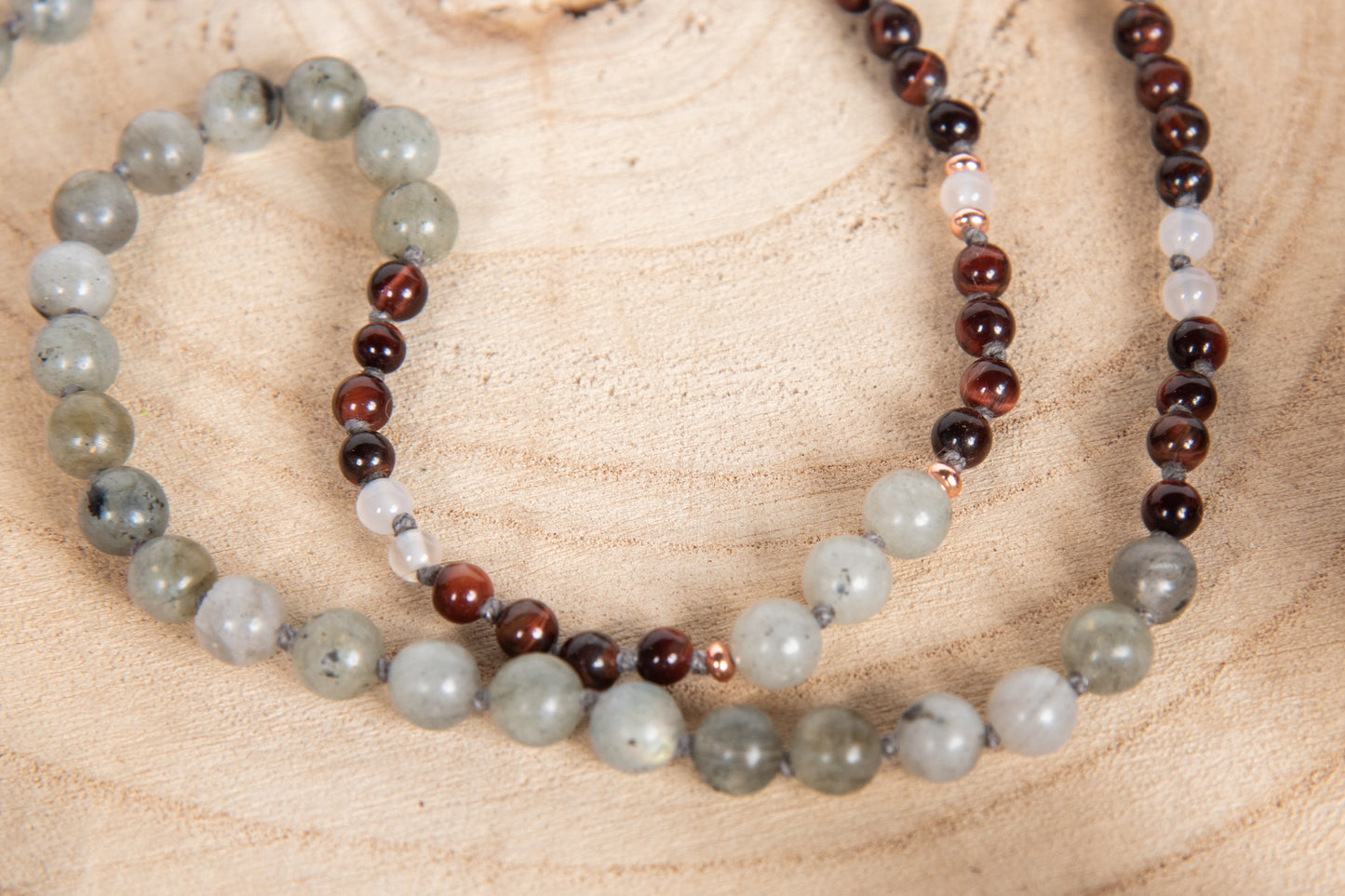 Mala collana con 108 perle in Occhio di bue, Pietra di luna arcobaleno Labradorite, Pietra Guru Occhio di bue, Rame