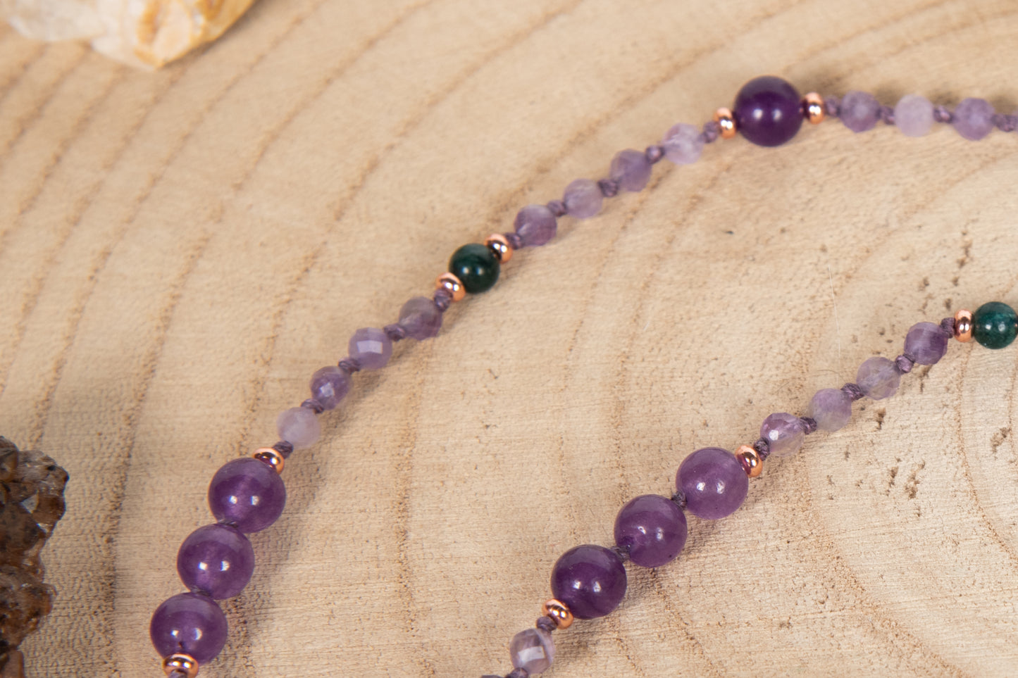 Mala in Ametista e Apatite 108 perle, Pietra Guru Ametista, Rame