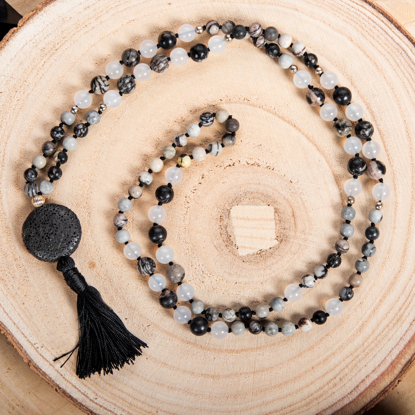 Mala per meditare in Diaspro zebrato, Agata bianca, Pietra Guru Pietra Lavica, Argento 925