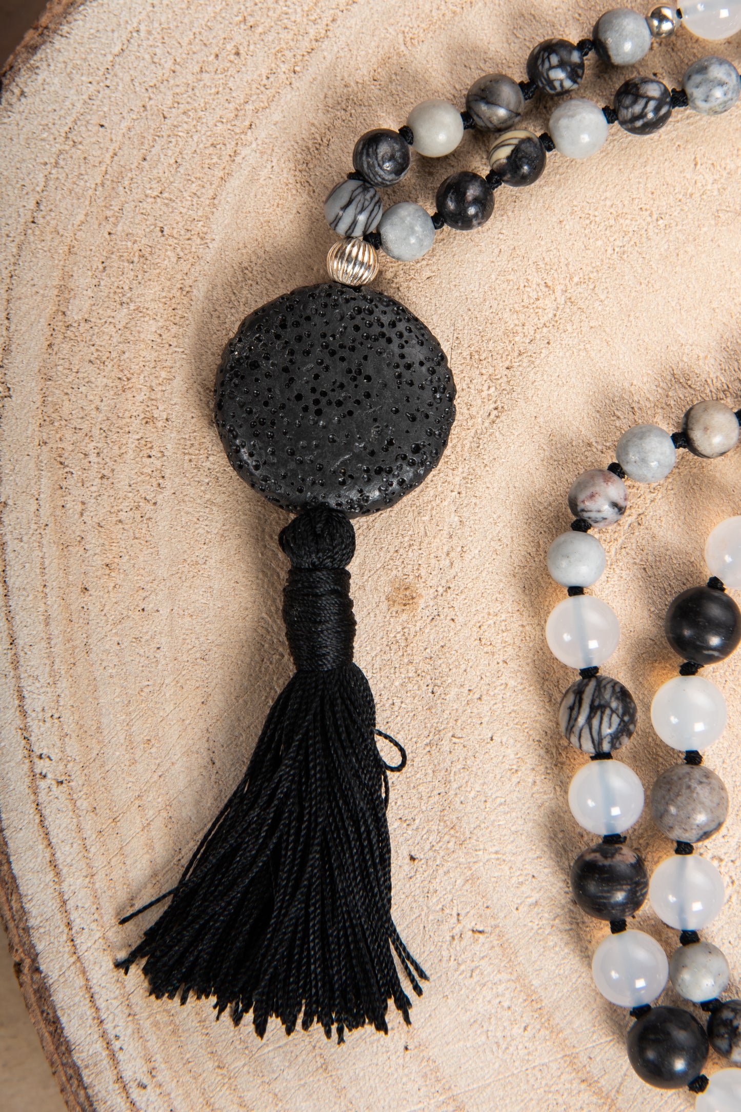 Mala per meditare in Diaspro zebrato, Agata bianca, Pietra Guru Pietra Lavica, Argento 925