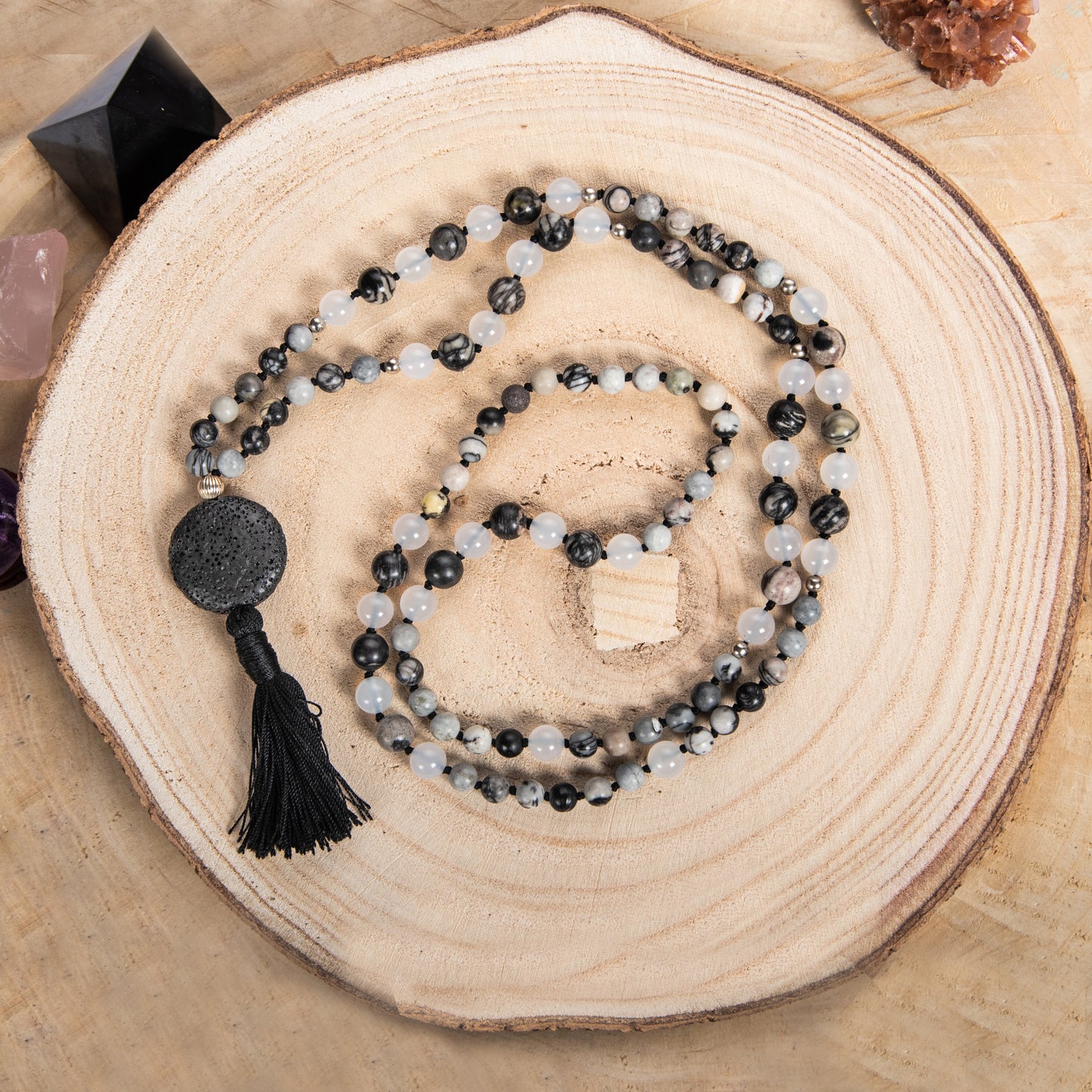 Mala per meditare in Diaspro zebrato, Agata bianca, Pietra Guru Pietra Lavica, Argento 925