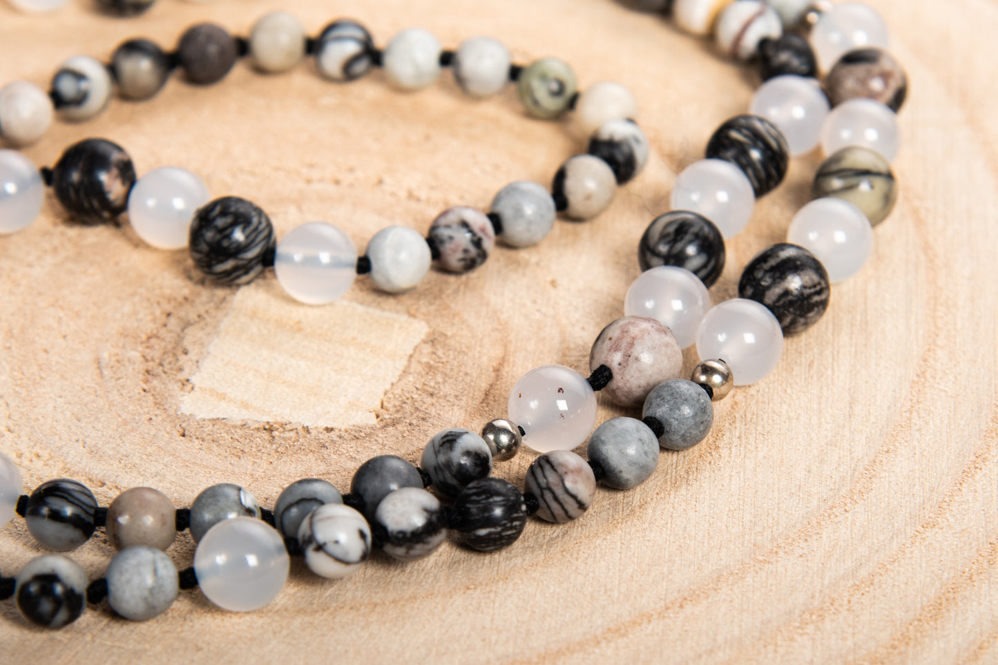 Mala per meditare in Diaspro zebrato, Agata bianca, Pietra Guru Pietra Lavica, Argento 925