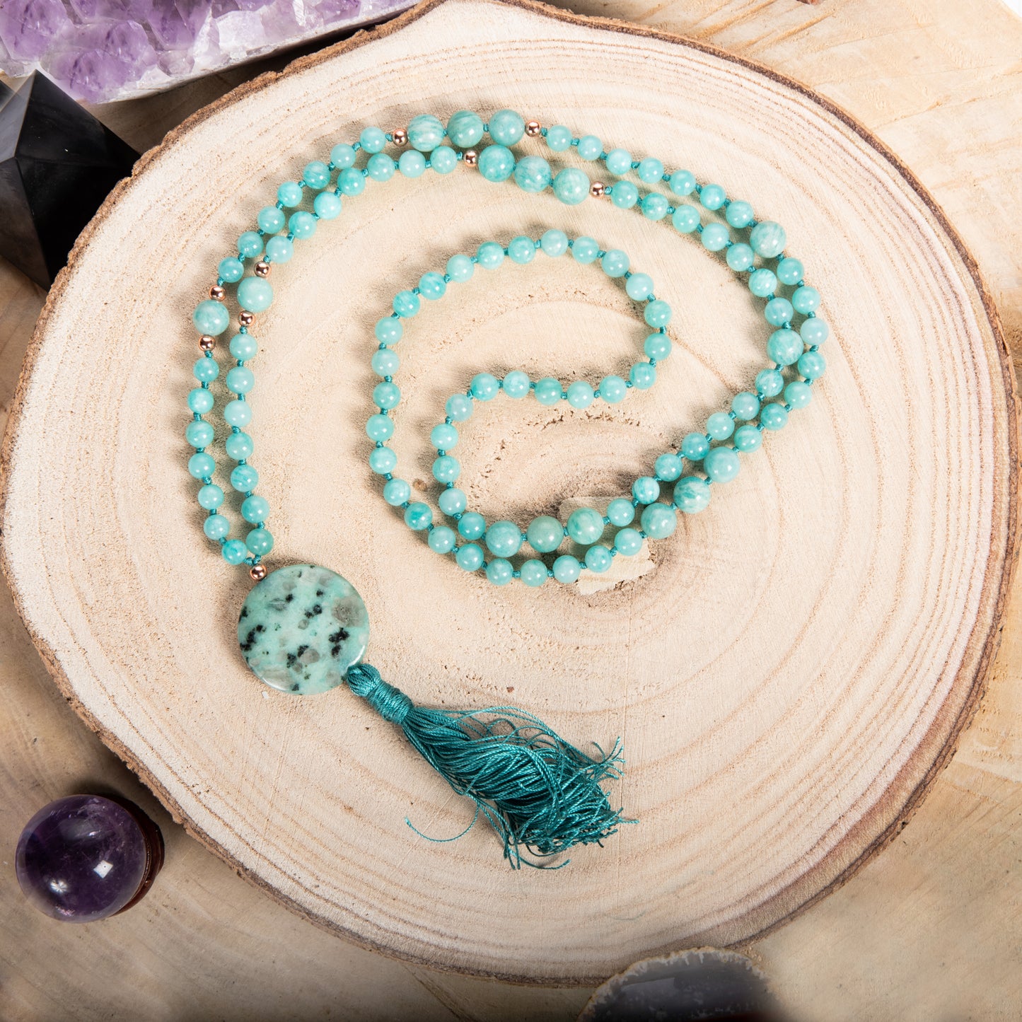 Mala collana in Amazzonite, Pietra Guru Diaspro Kiwi, Rame