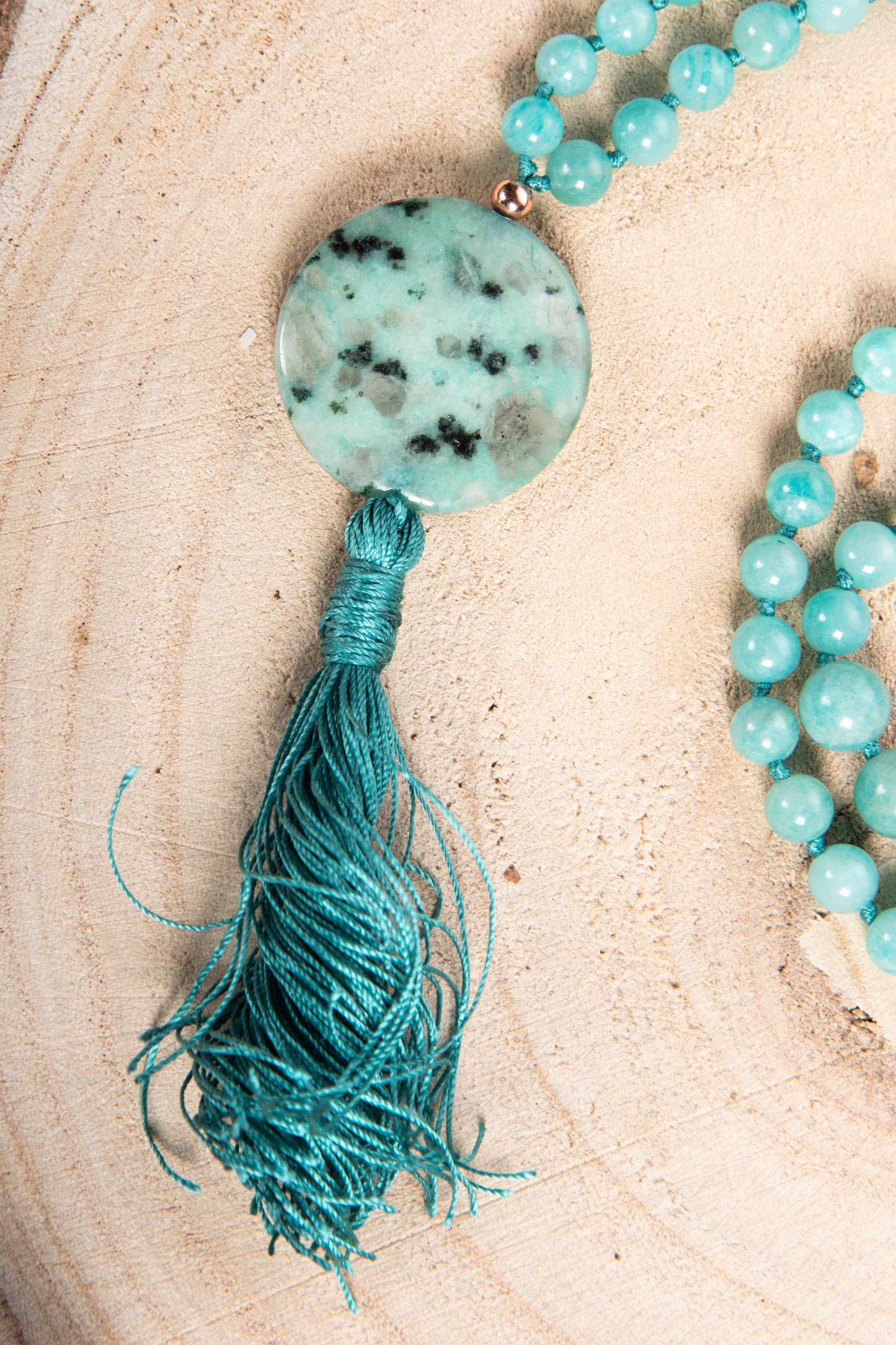 Mala collana in Amazzonite, Pietra Guru Diaspro Kiwi, Rame