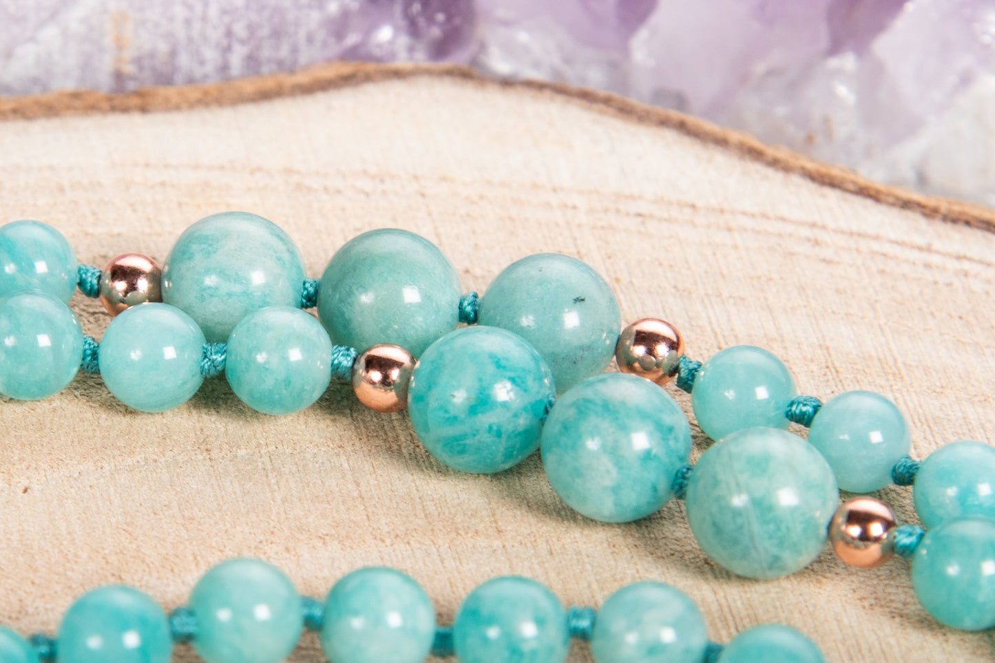 Mala collana in Amazzonite, Pietra Guru Diaspro Kiwi, Rame