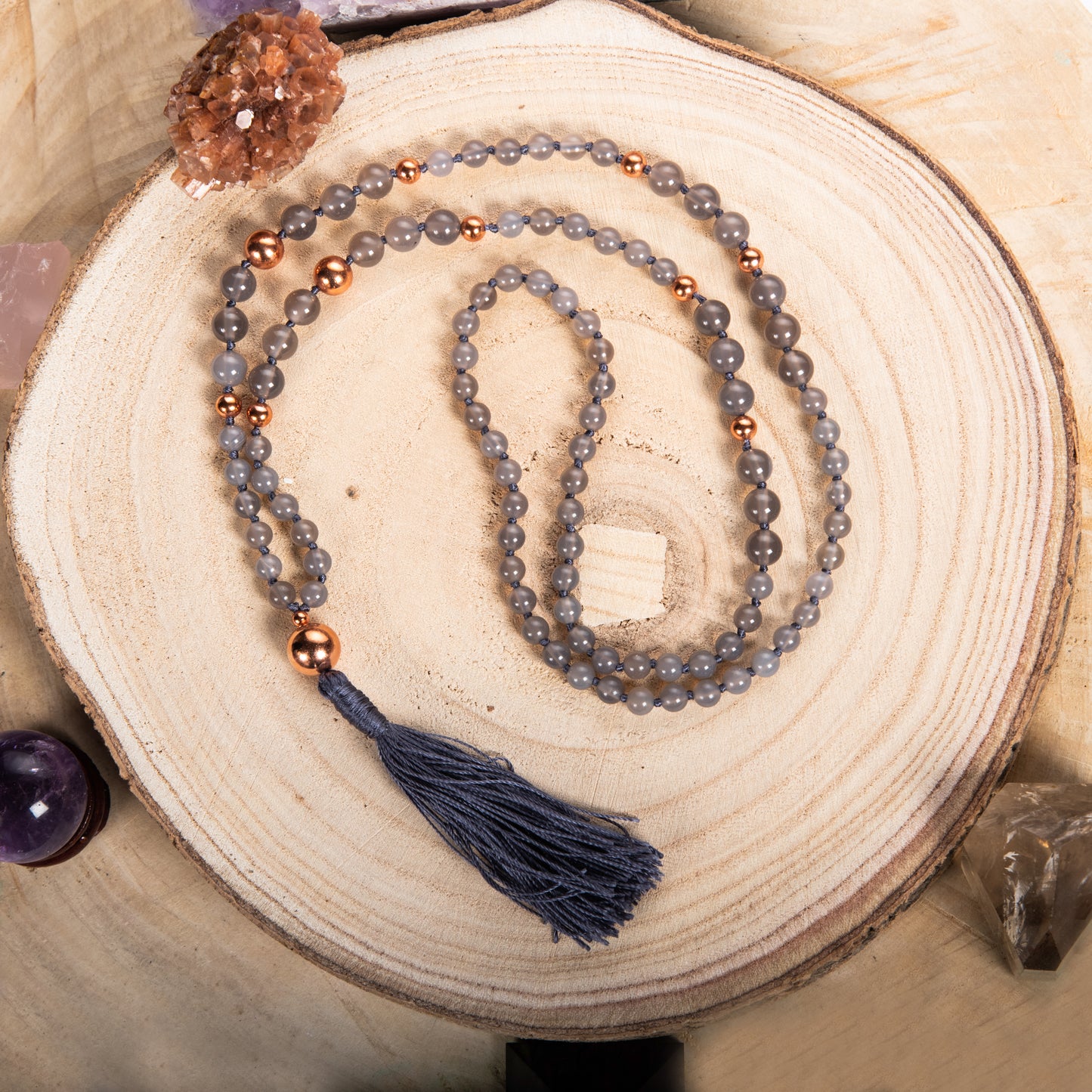 Mala per meditare con cristalli di agata grigia, pietra guru rame